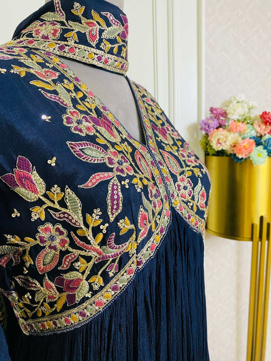 NEW Navy blue Floral Embroidered Alia Cut Ethnic Dress