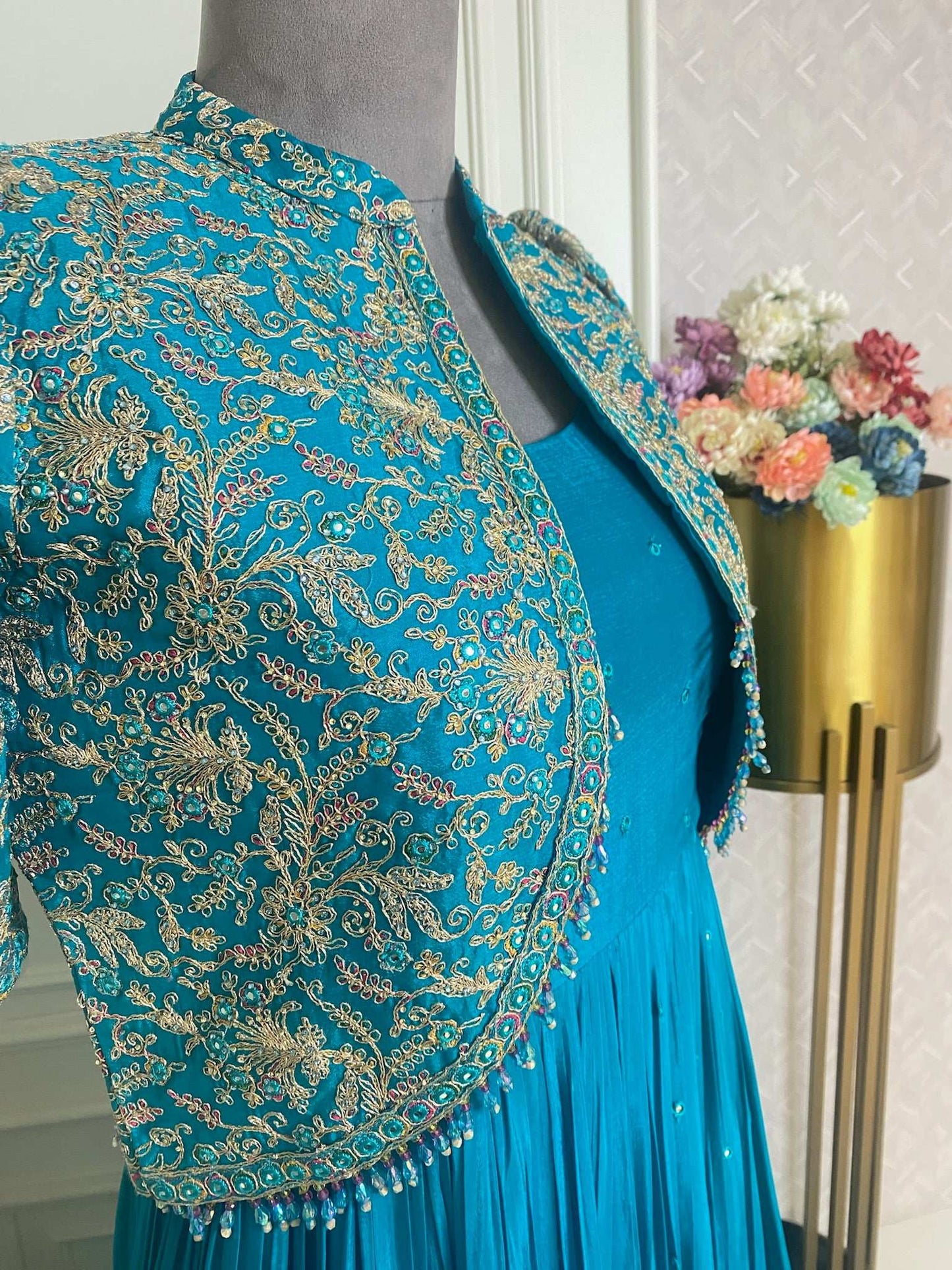 Ferozi Short Jacket Dress With Kashmiri Style Embroidery