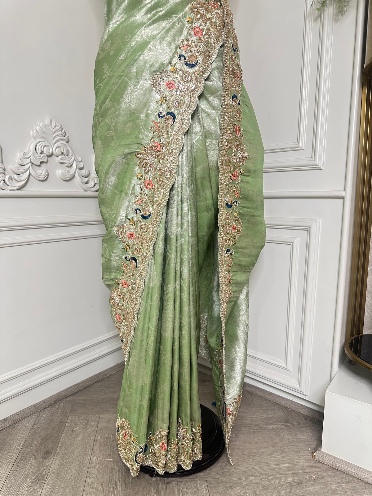 Pista saree by Mamta Saree - pallu drape
