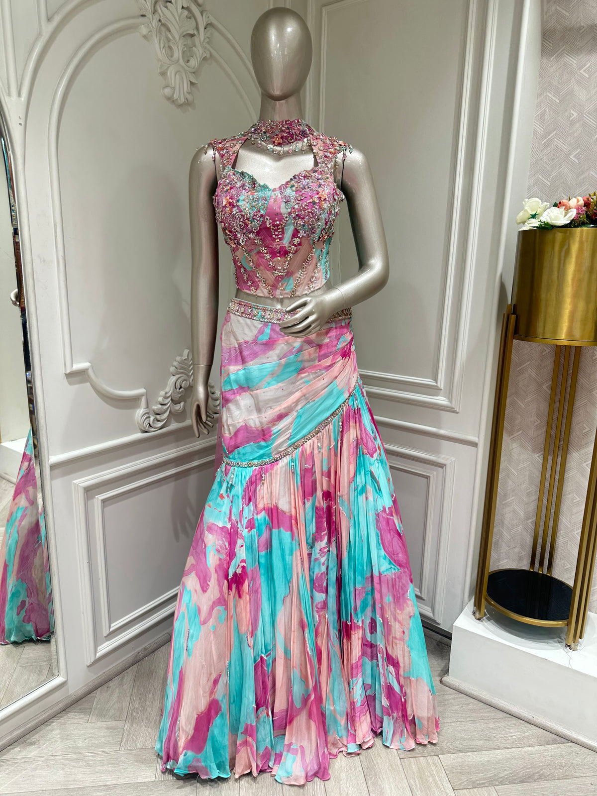 Pastel crop top set by Mamta Saree - front view of full set