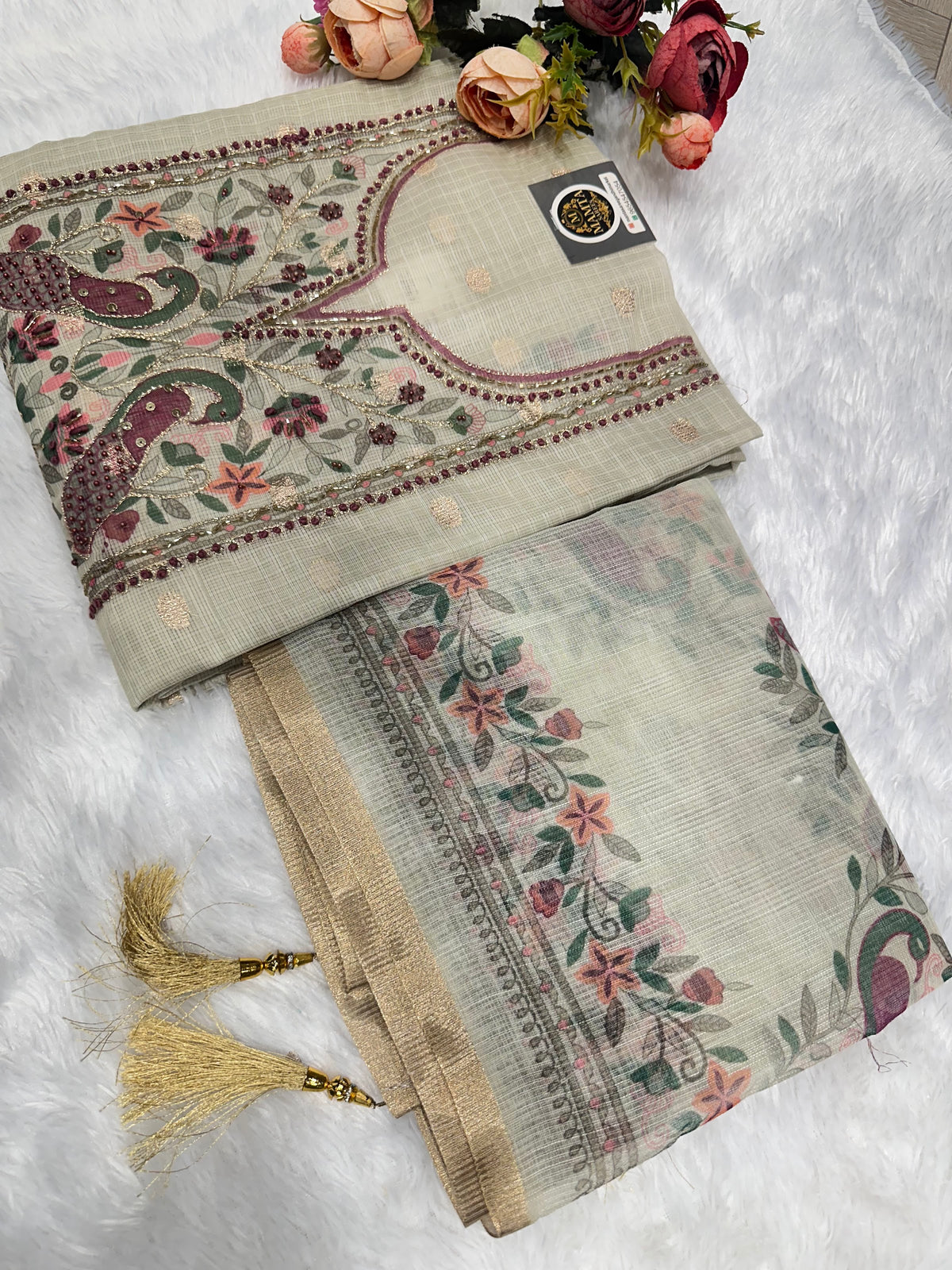 Ivory peacock embroidered suit by Mamta Saree - maroon thread colourway overview