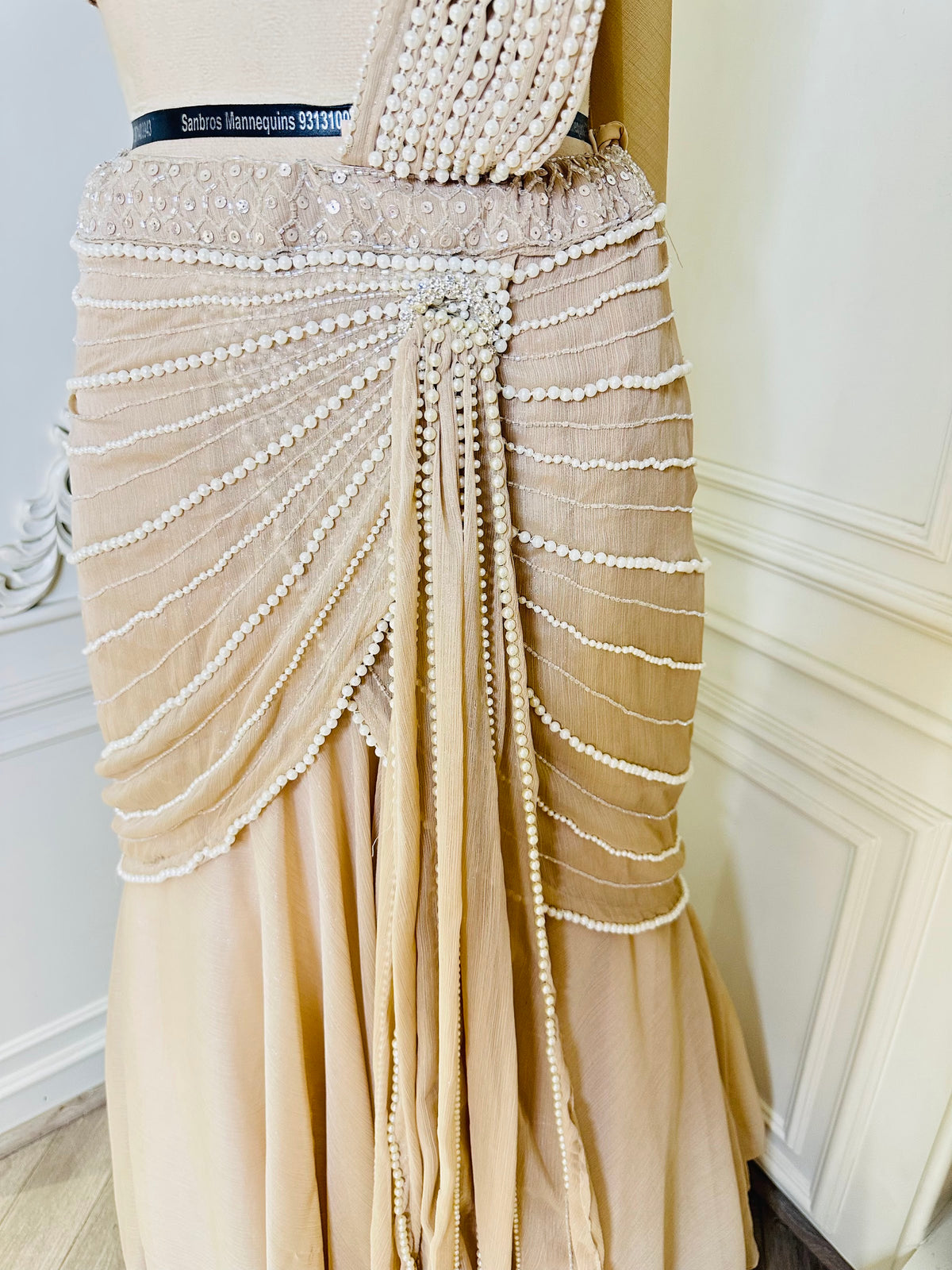 beige saree by Mamta Saree - waist drape close-up