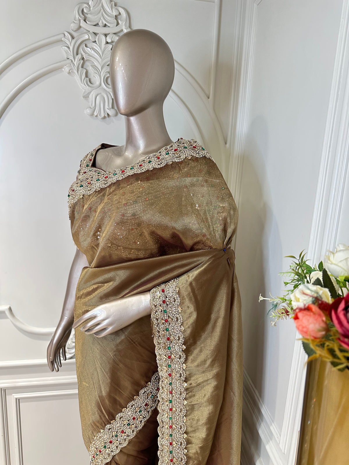 golden bronze saree by Mamta Saree - border detail