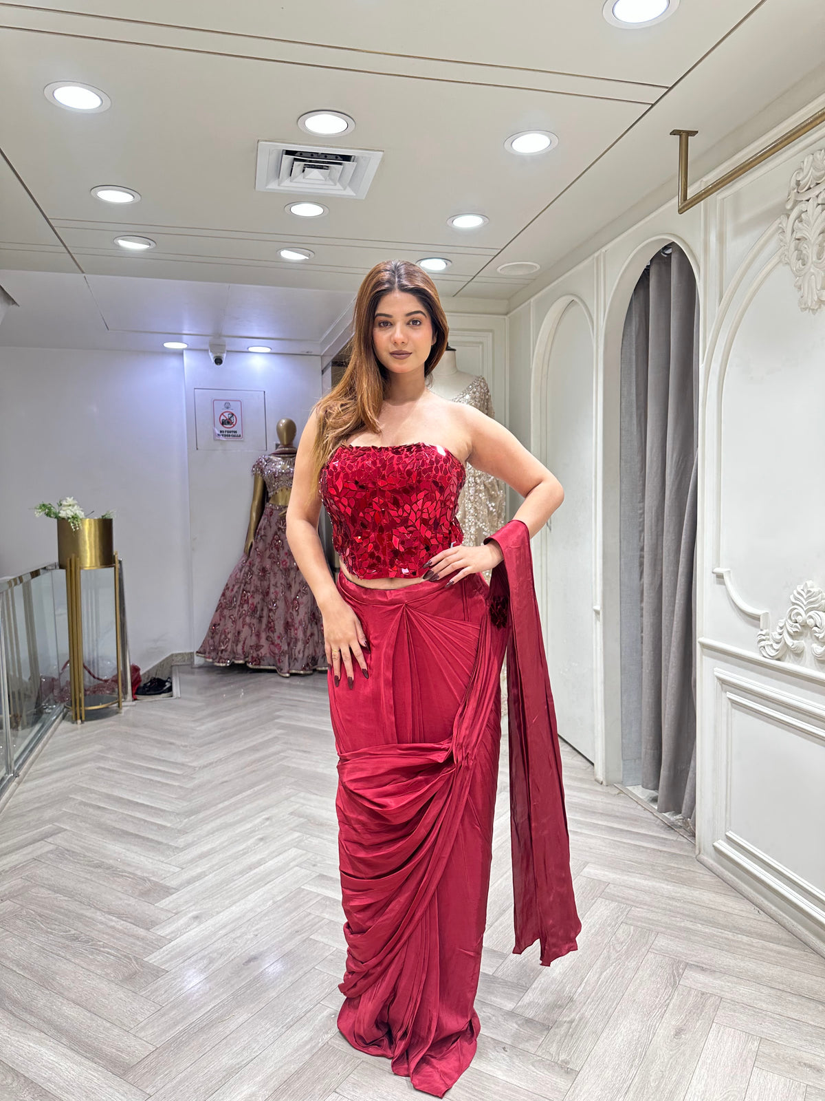 maroon pre-draped saree by Mamta Saree - view 4