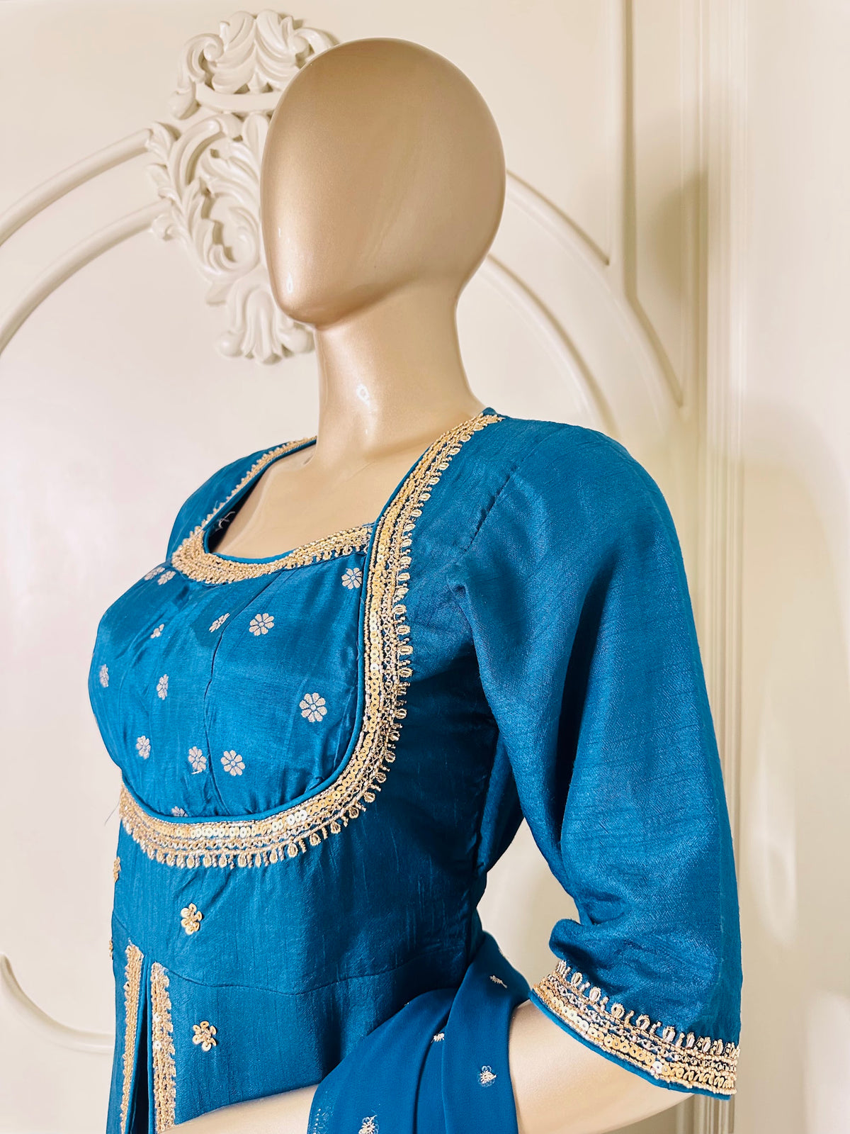 Peacock blue sequin embroidered suit set by Mamta Saree - yoke embroidery close-up