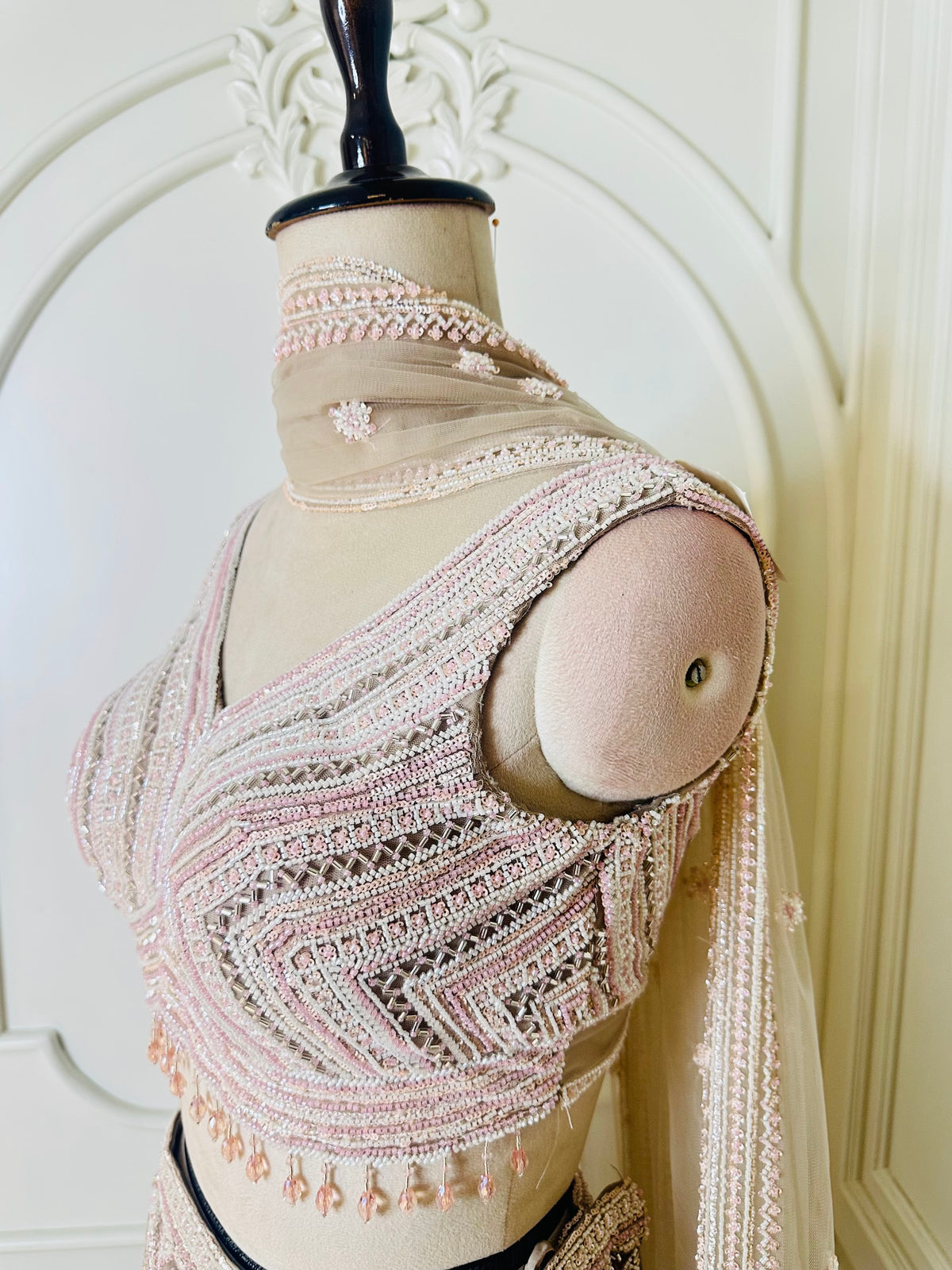 Blush pink sequinned lehenga set by Mamta Saree - blouse close-up