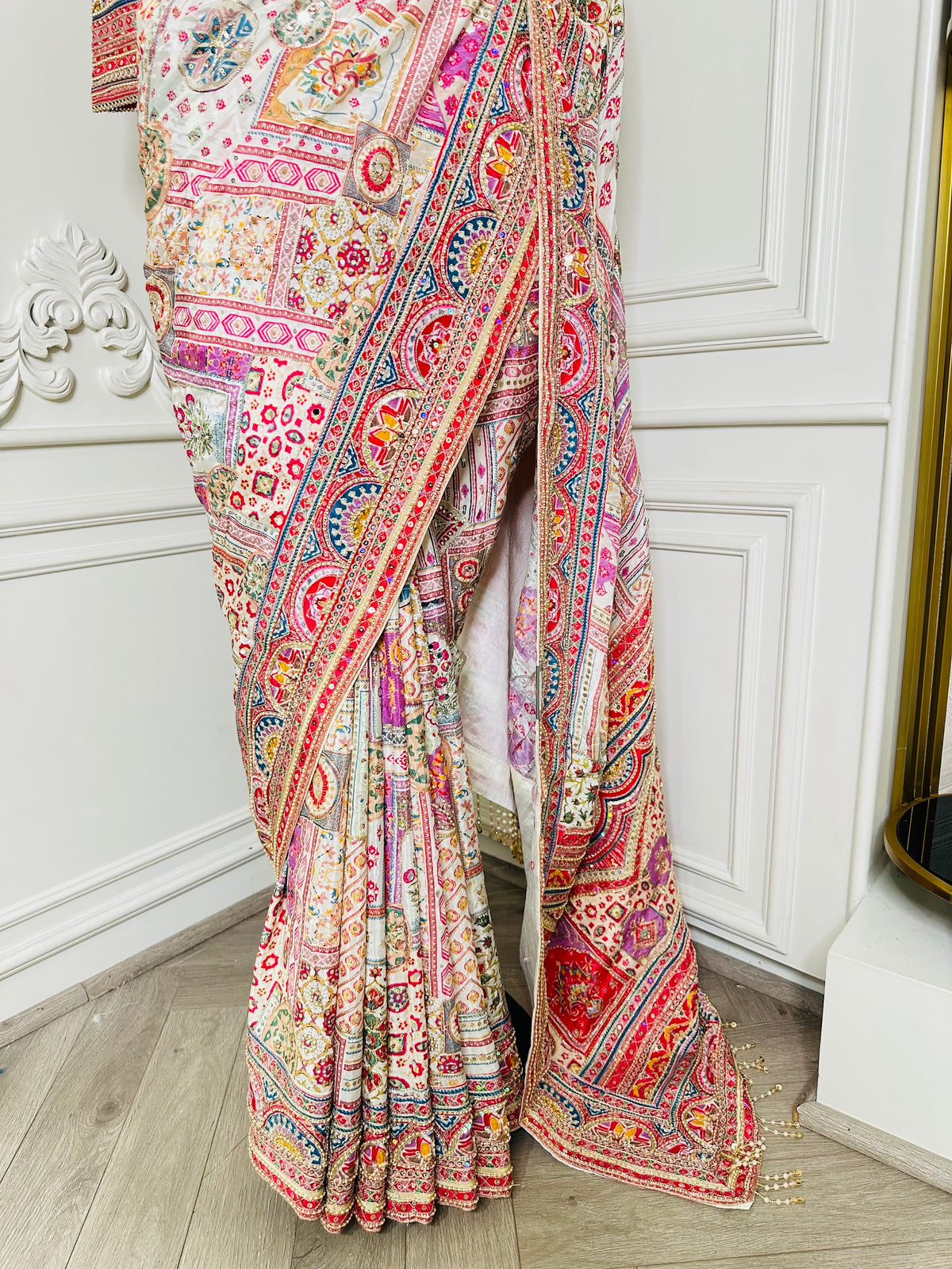 cream multicolour saree by Mamta Saree - drape view
