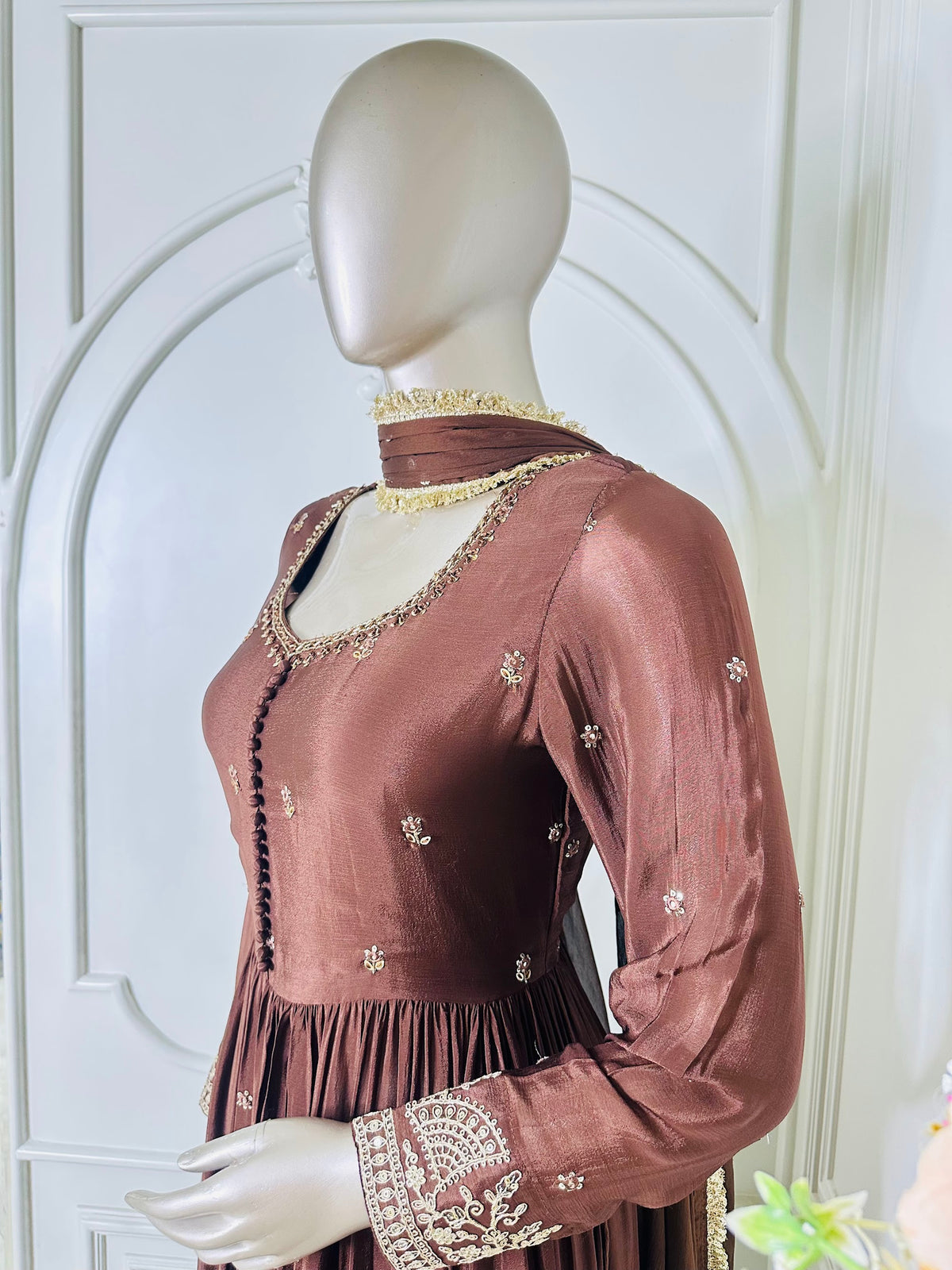 Brown sequin embroidered anarkali gown by Mamta Saree - sleeve cuff embroidery detail