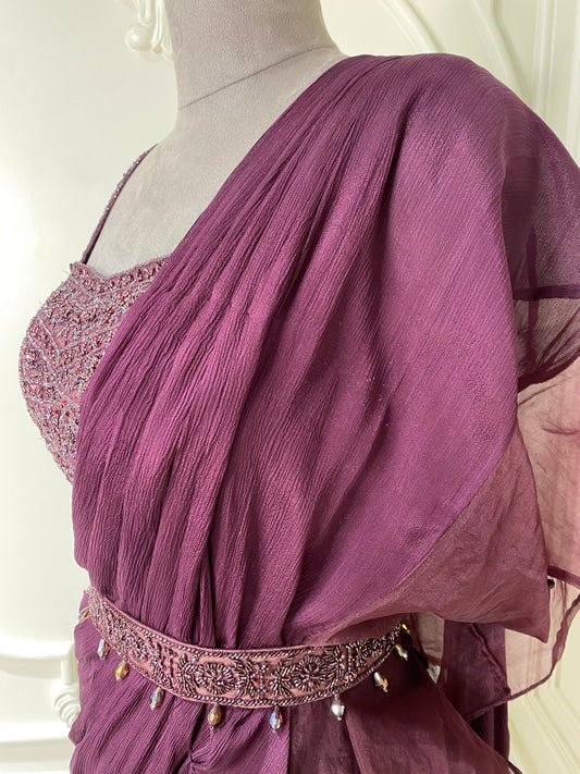 dark purple chinnon crepe ready to wear saree