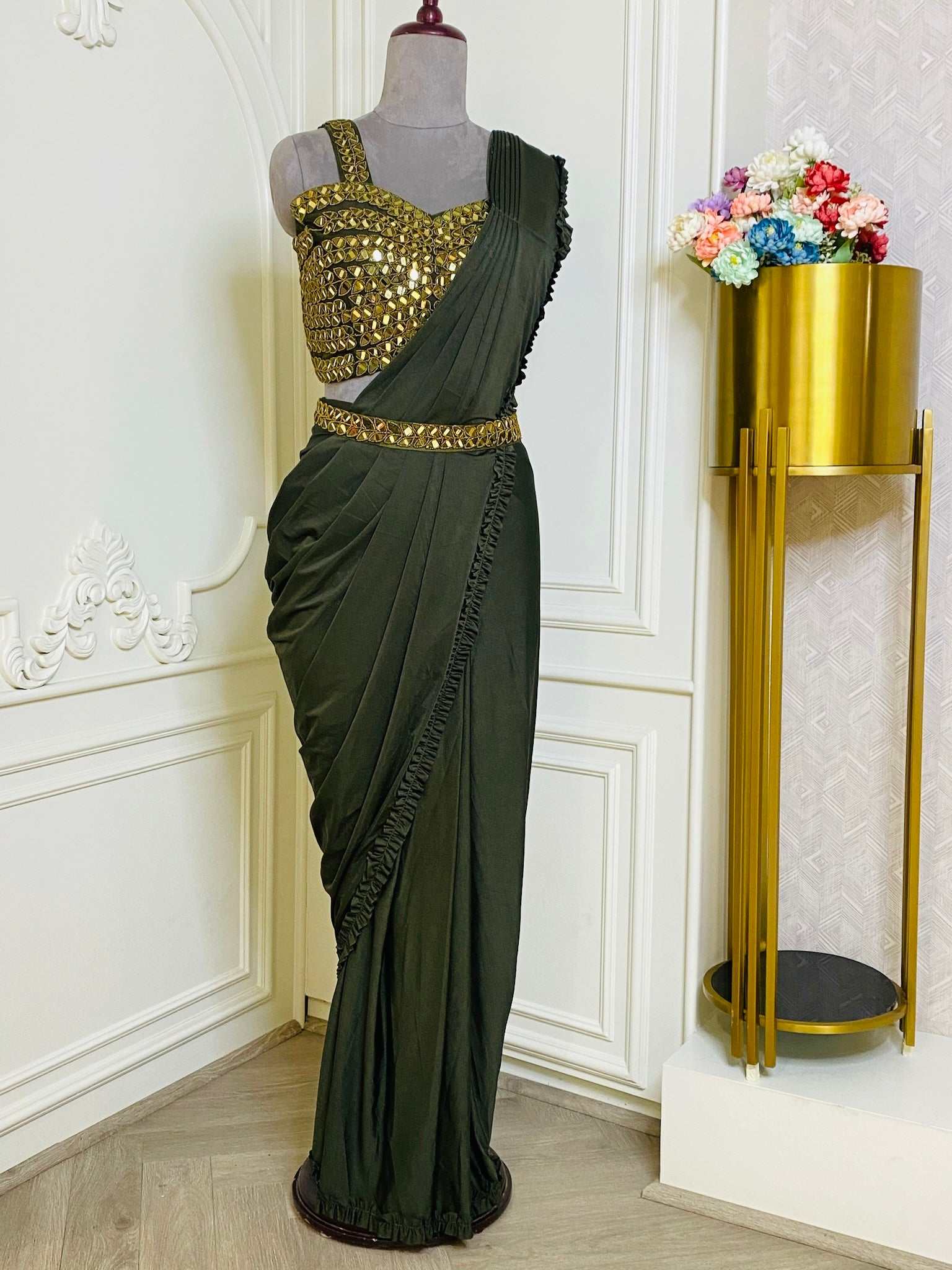 Olive Green Crepe Drape Saree