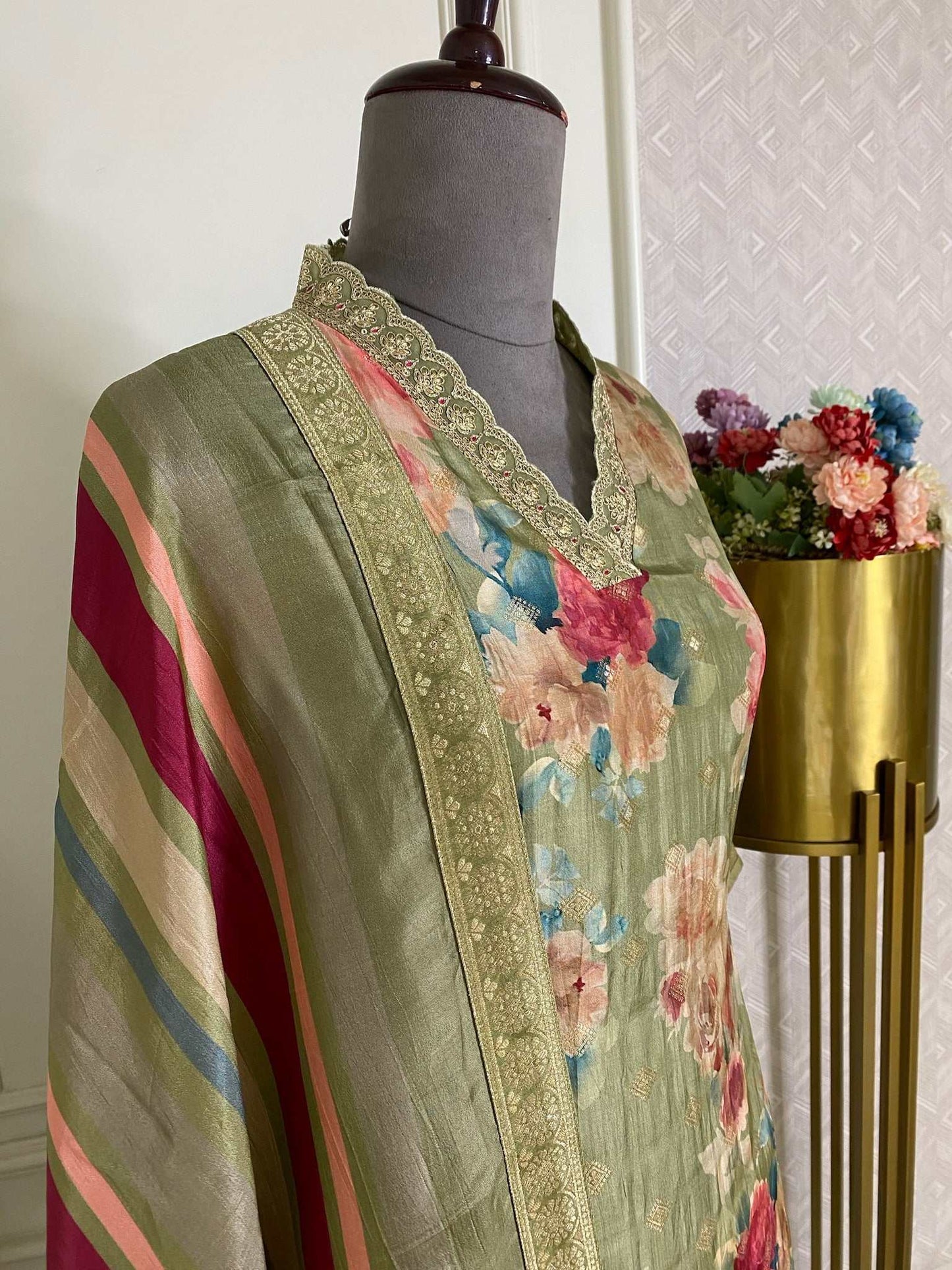 Floral green ready made suit