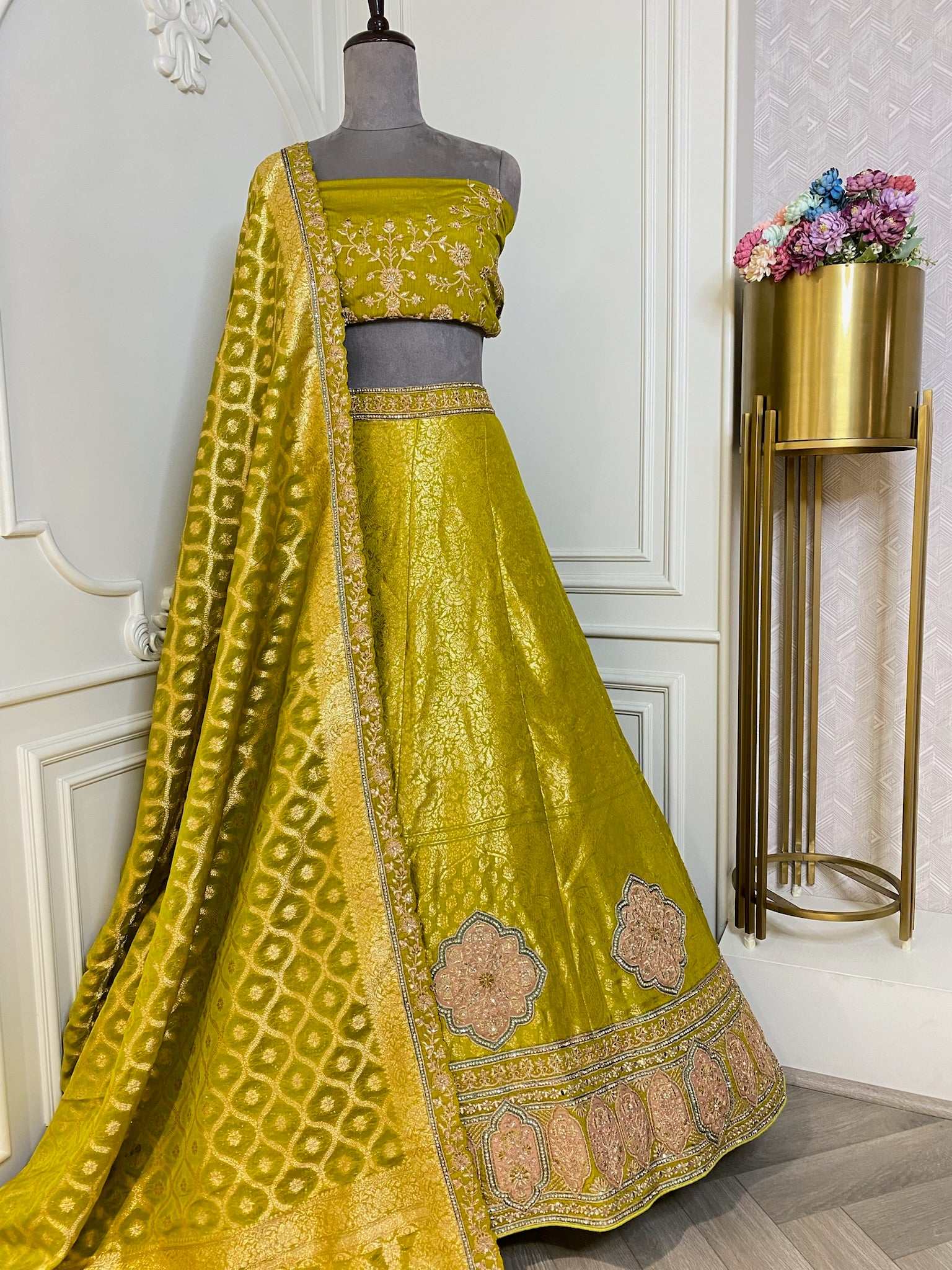 Olive green Silk lehenga