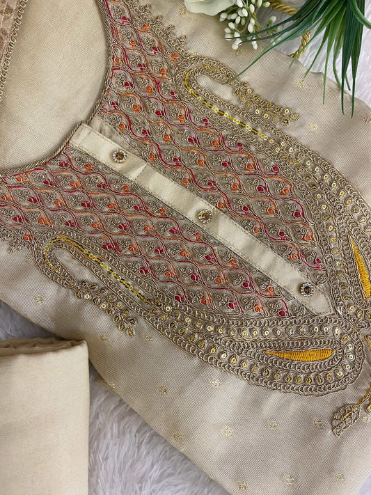 Gold Sequins Chanderi Unstitched Salwar Suit