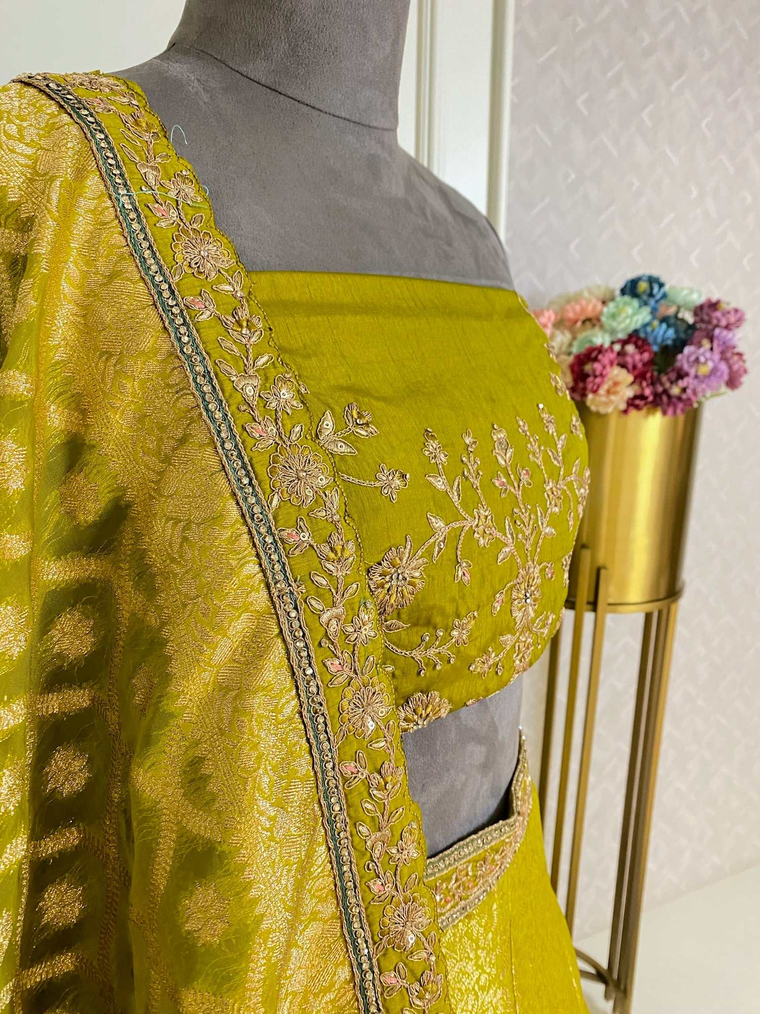 Olive green Silk lehenga