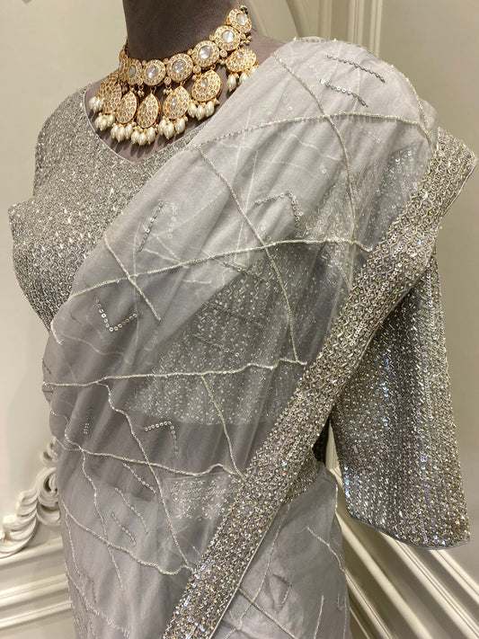 Organza saree hand work with readymade baluja