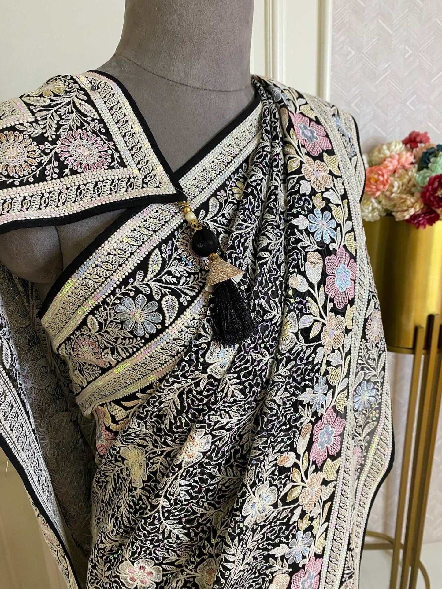 Black Over All Thread Work Saree