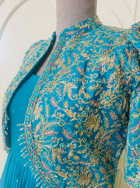 Ferozi Short Jacket Dress With Kashmiri Style Embroidery