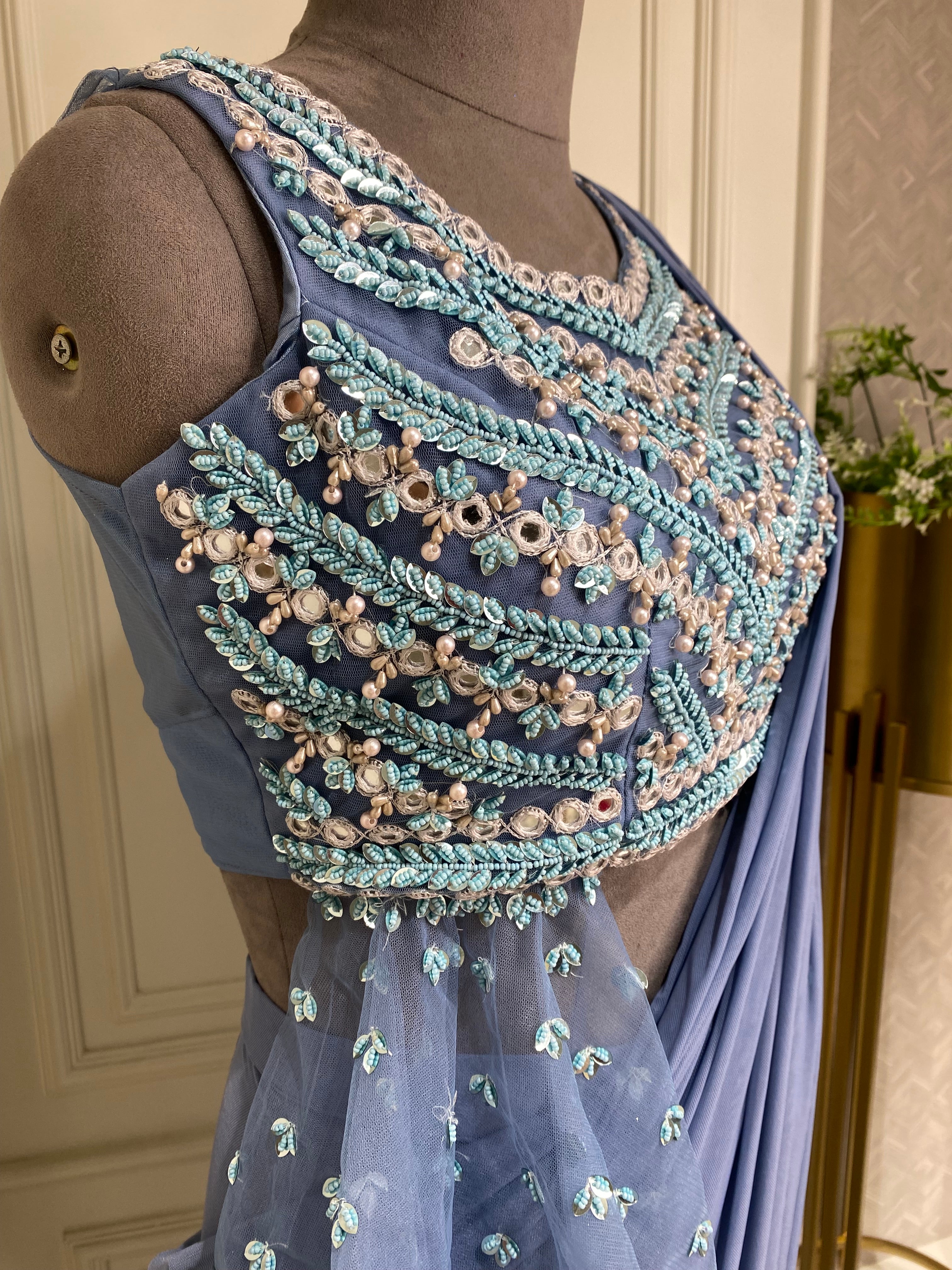 light sky blue pre stiched saree