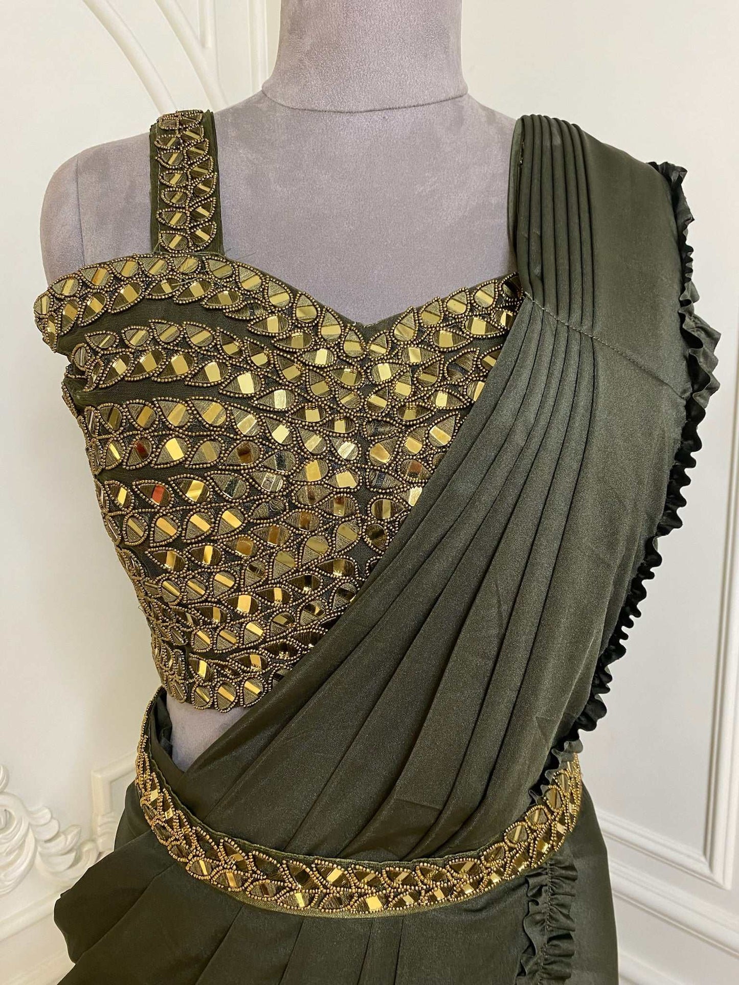 Olive Green Crepe Drape Saree