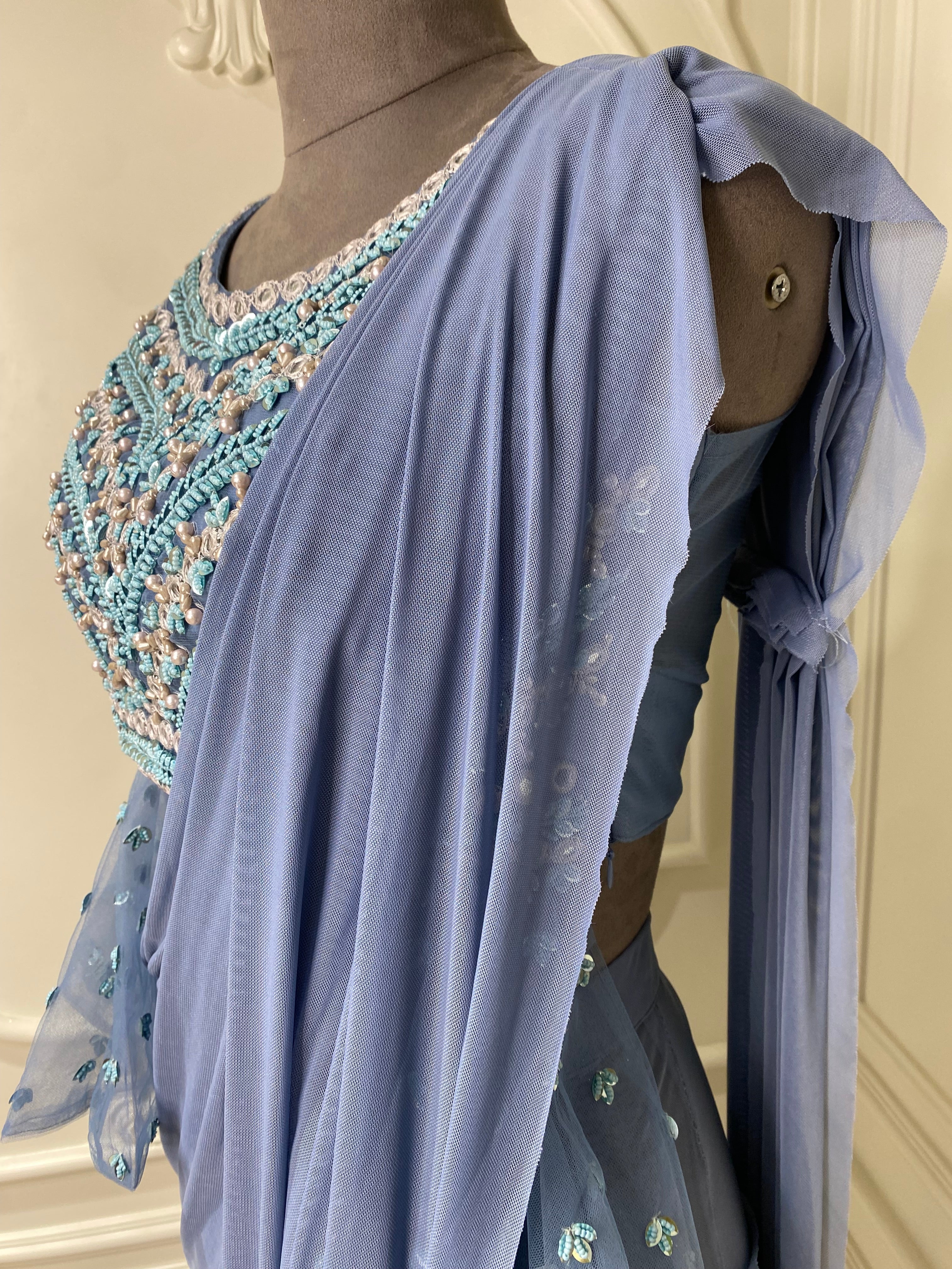 light sky blue pre stiched saree