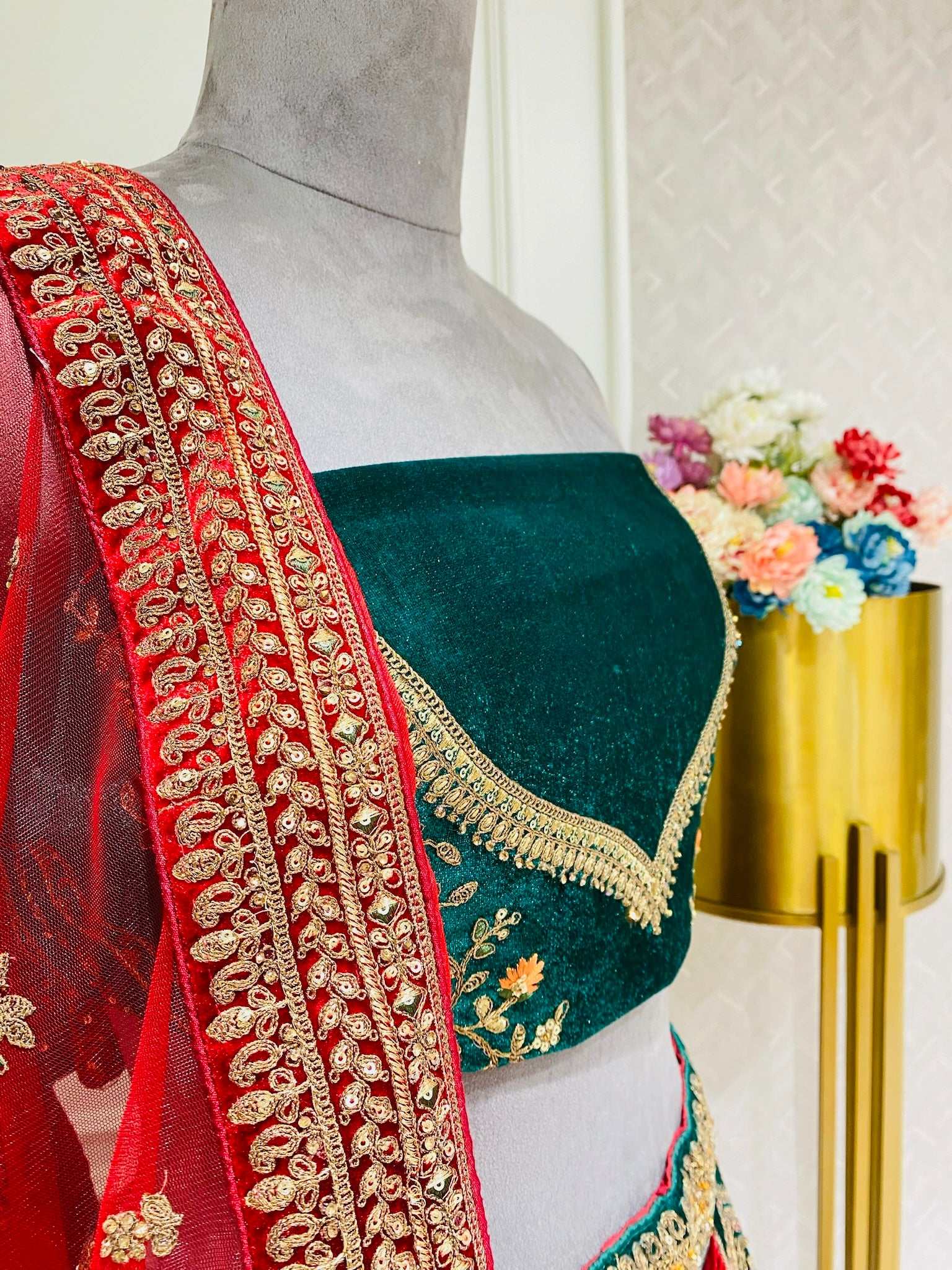 Green Red Zari Work Bridal Lehanga