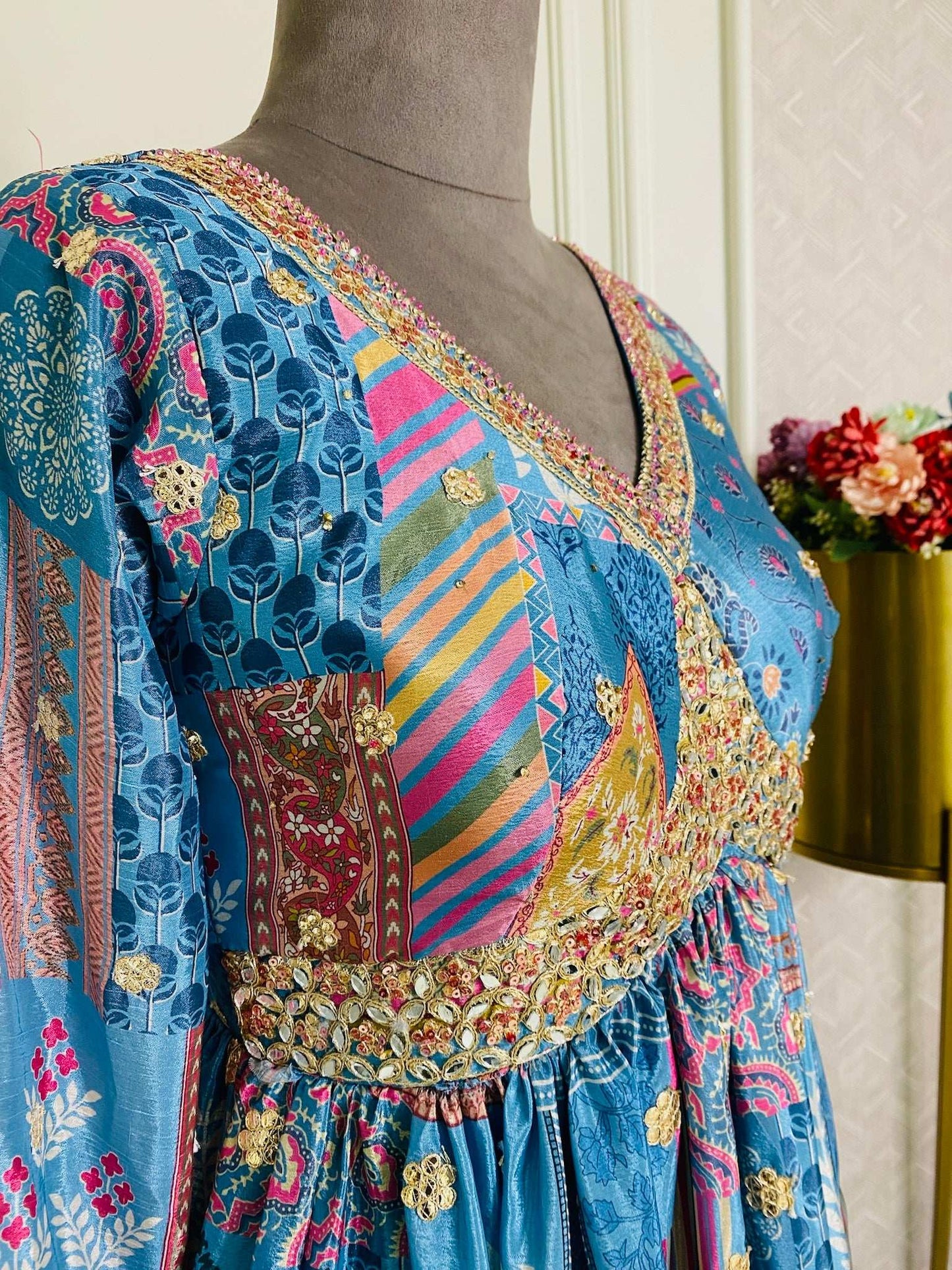 Blue Choli cut Floral Print Gown