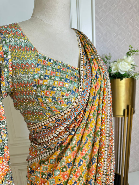 Multicolor Bandhani Designer Saree with Mirror Work & Embroidered Border