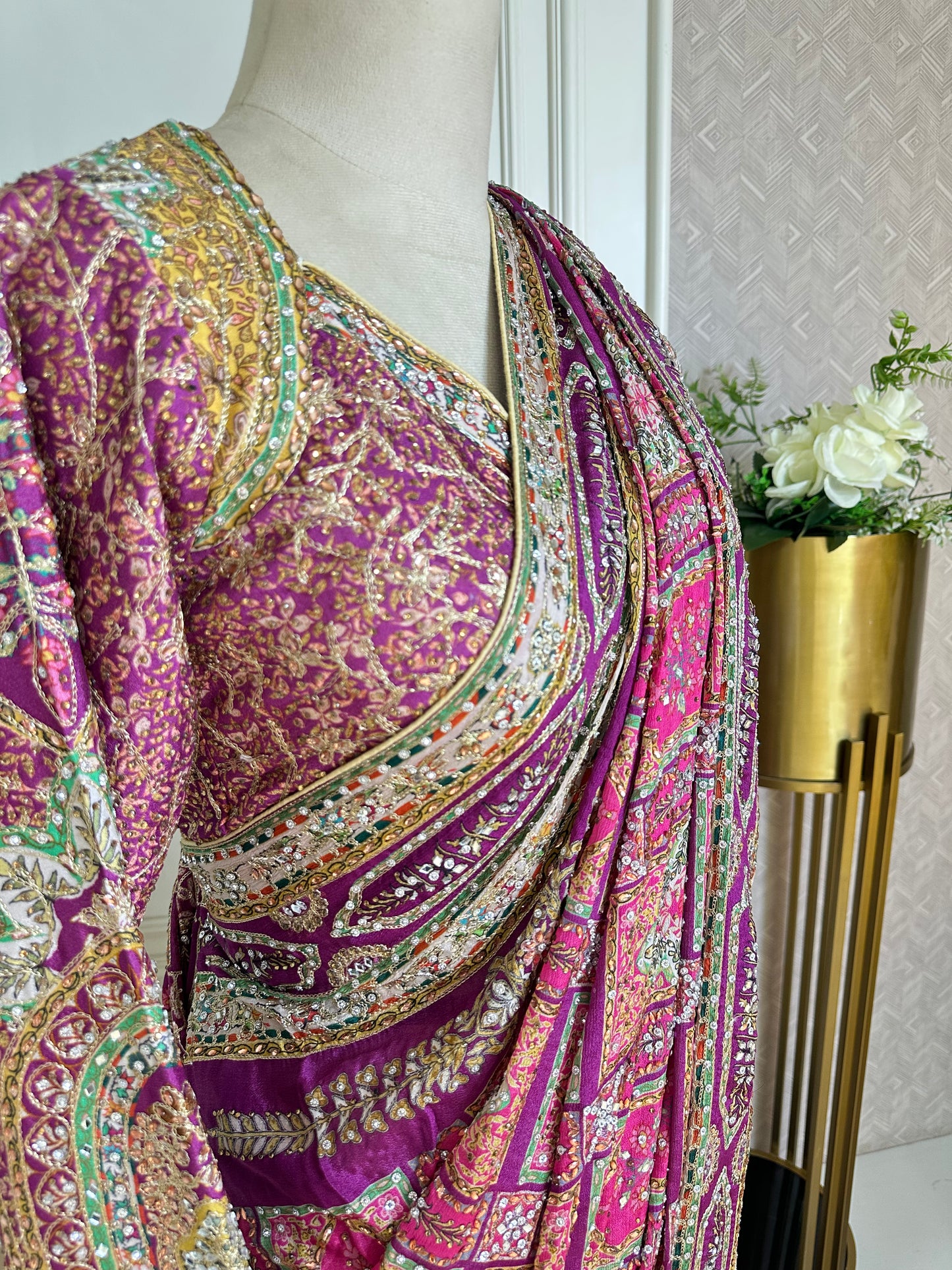 Magenta Pink Designer Patchwork Saree with Mirror Work & Embroidered Border