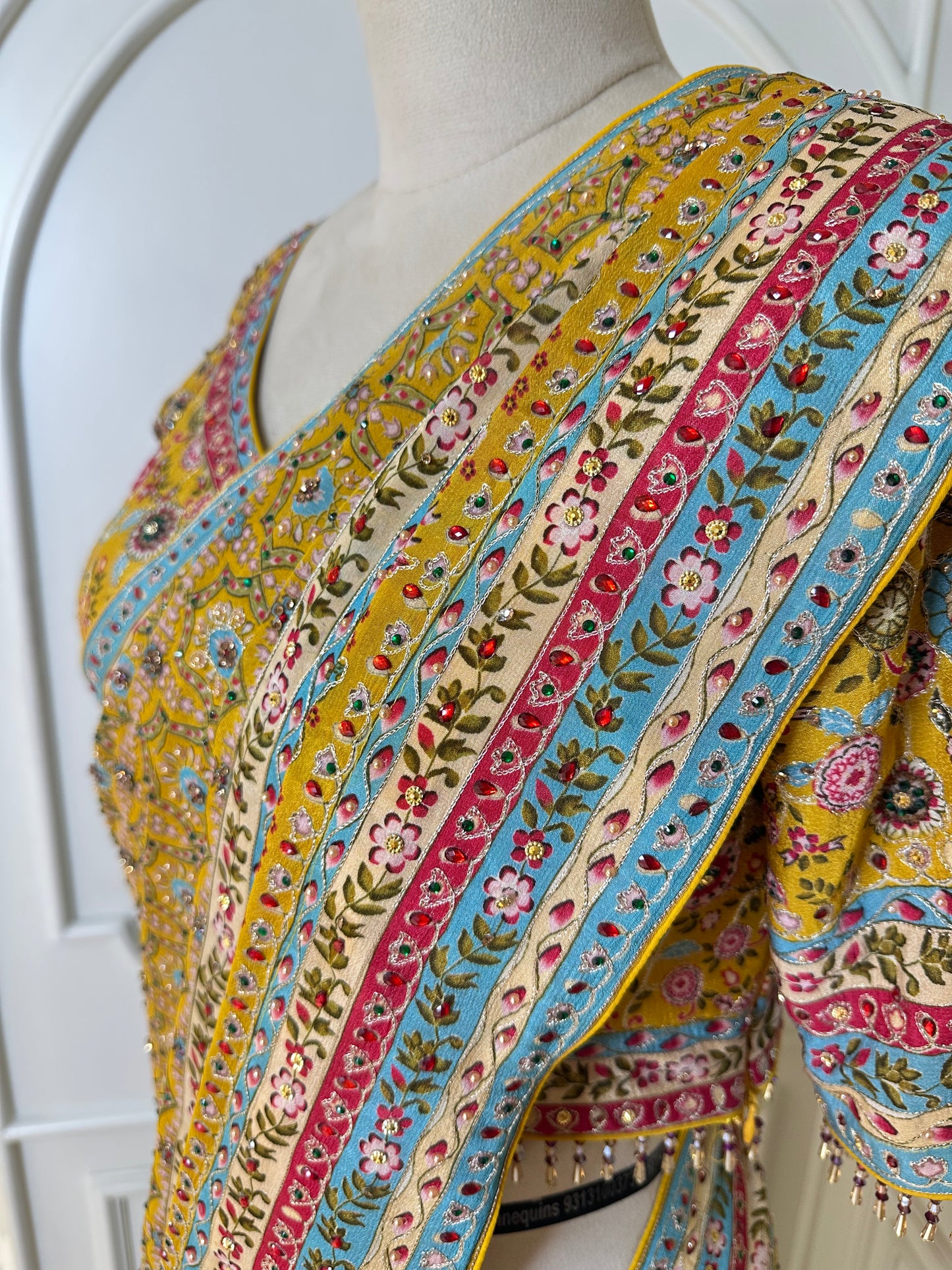 Mustard Yellow Floral Designer Saree with Mirror Work & Embroidered Border