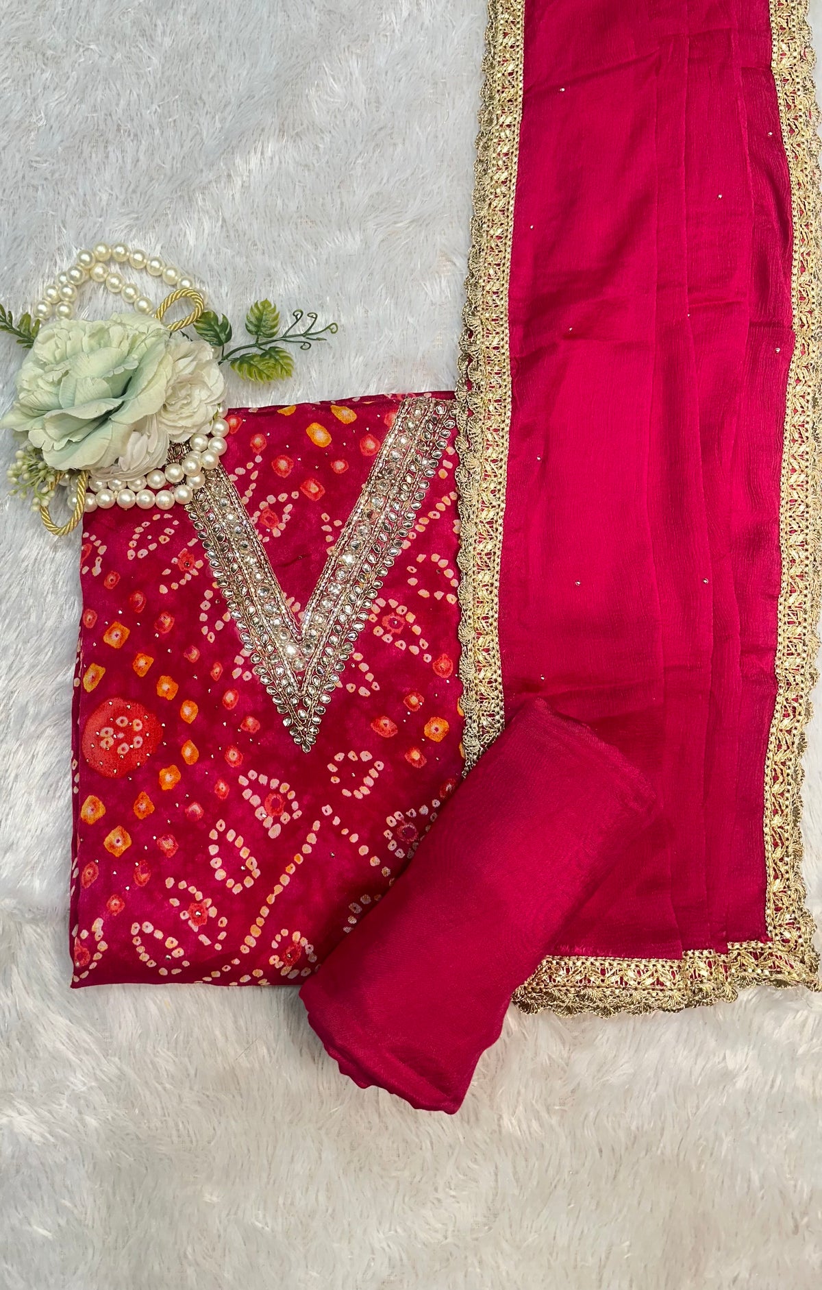 Red Bandhani Embroidered Suit Set - back view