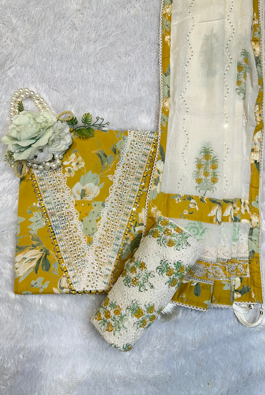 Mustard Floral Embroidered Suit Set