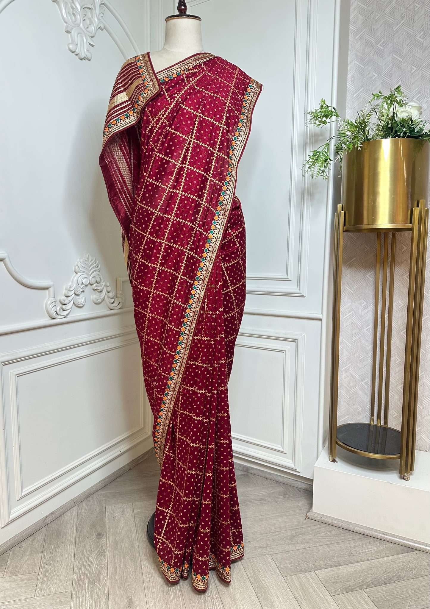 Royal Purple Designer Saree with Gold Buti Checks & Multicolor Embroidered Border - side view