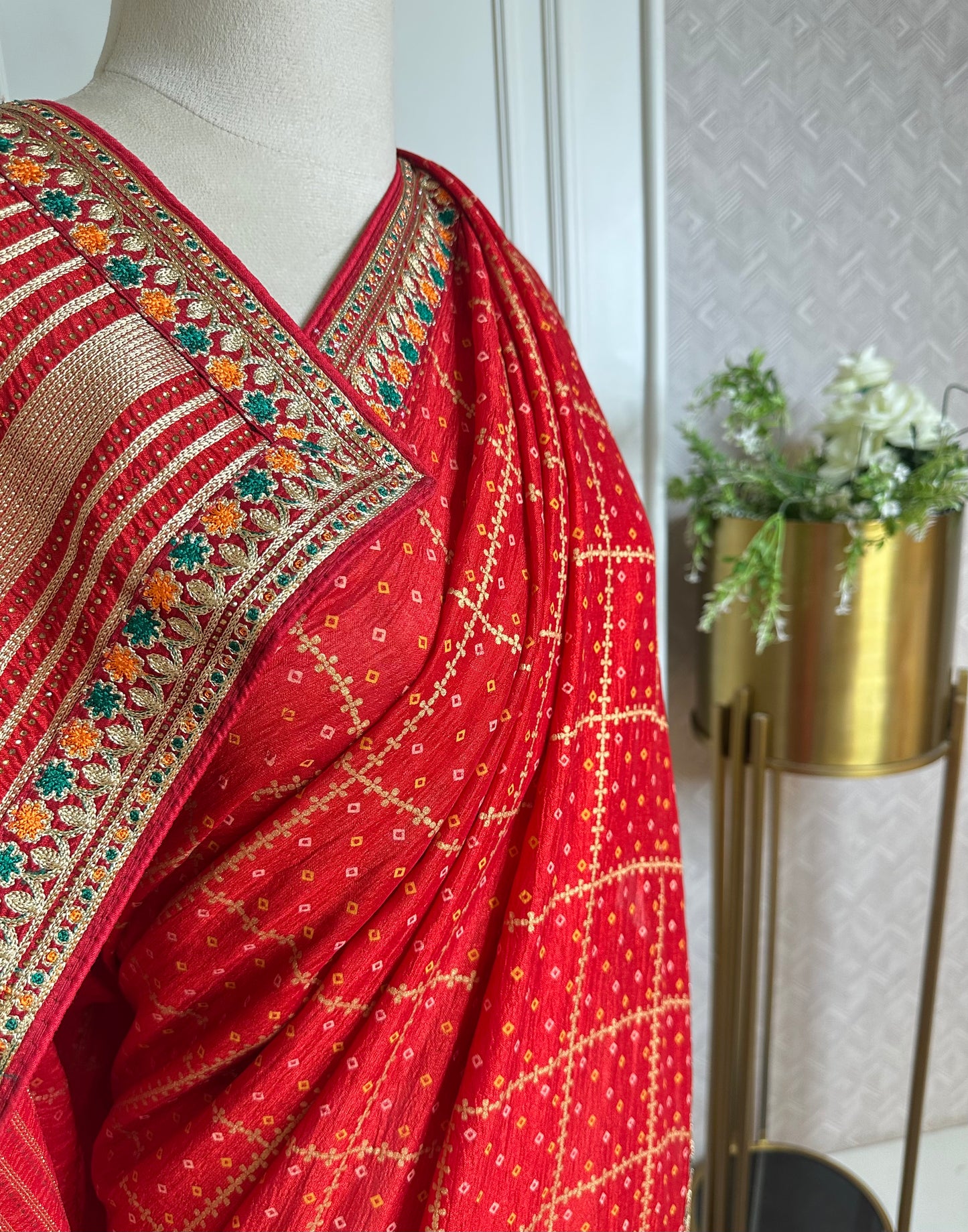 Classic Red Designer Saree with Gold Check Pattern & Embroidered Border