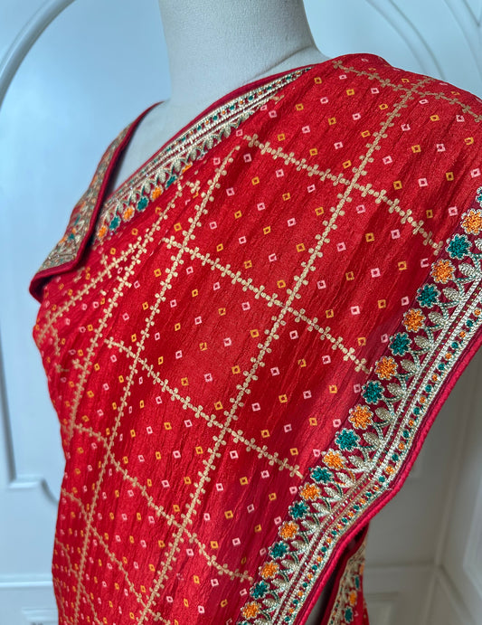 Classic Red Designer Saree with Gold Check Pattern & Embroidered Border