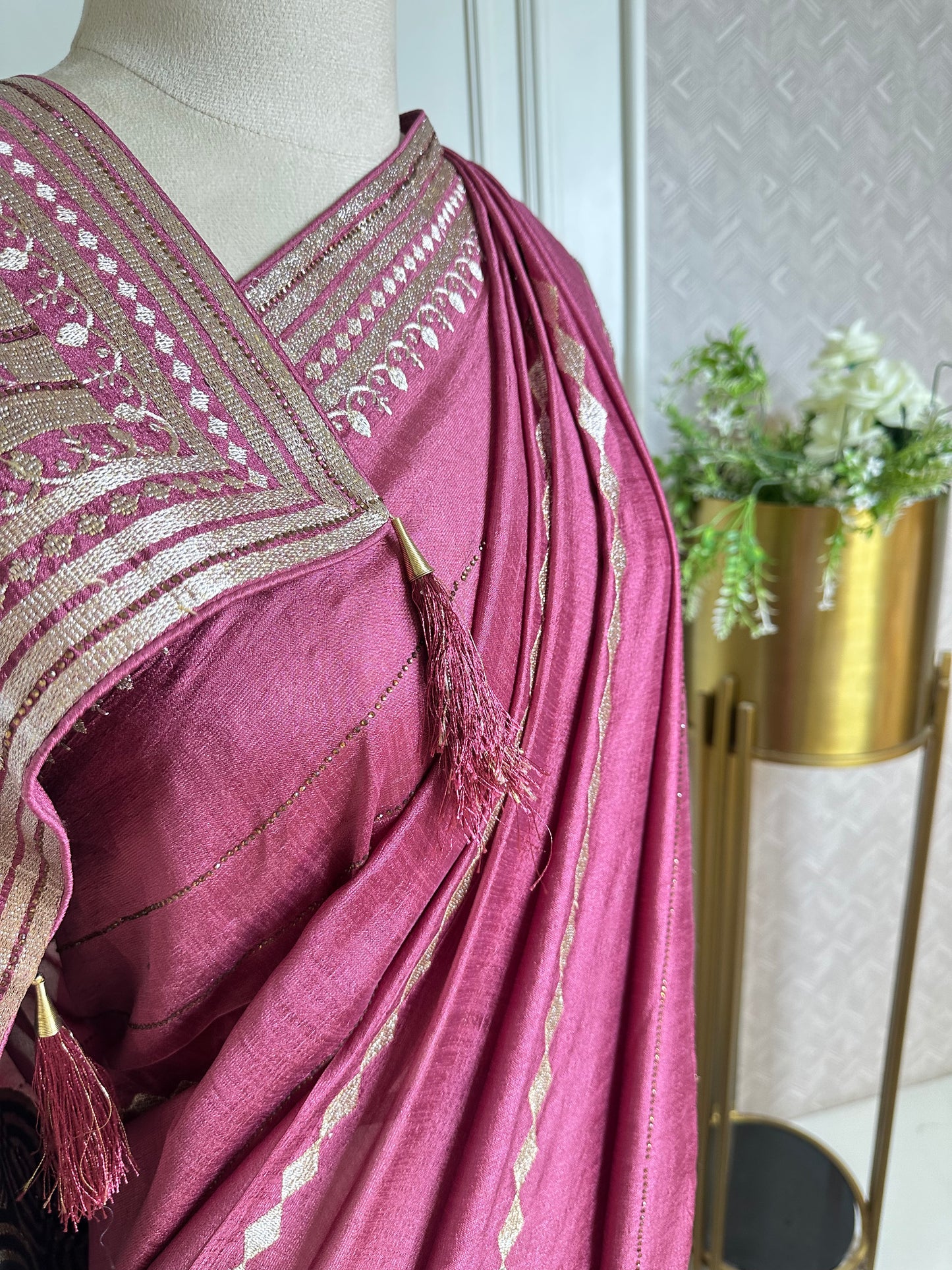 Dusty Rose Pink Designer Saree with Zari Woven Border & Tassels