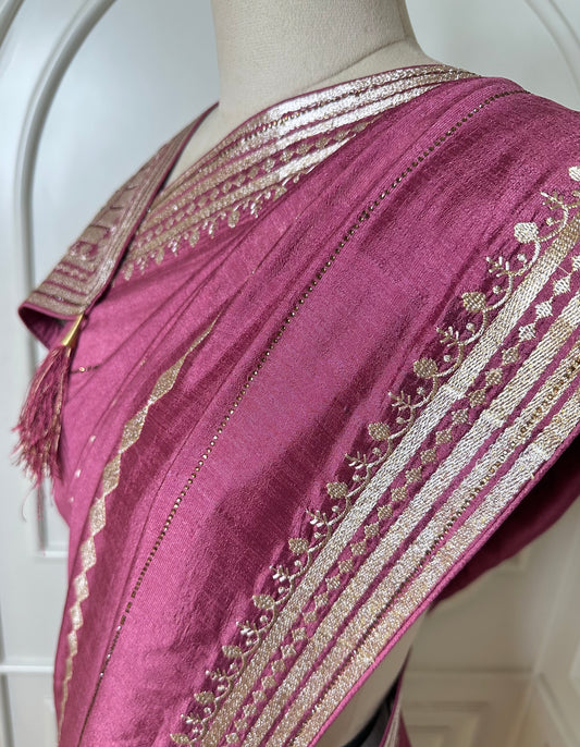 Dusty Rose Pink Designer Saree with Zari Woven Border & Tassels