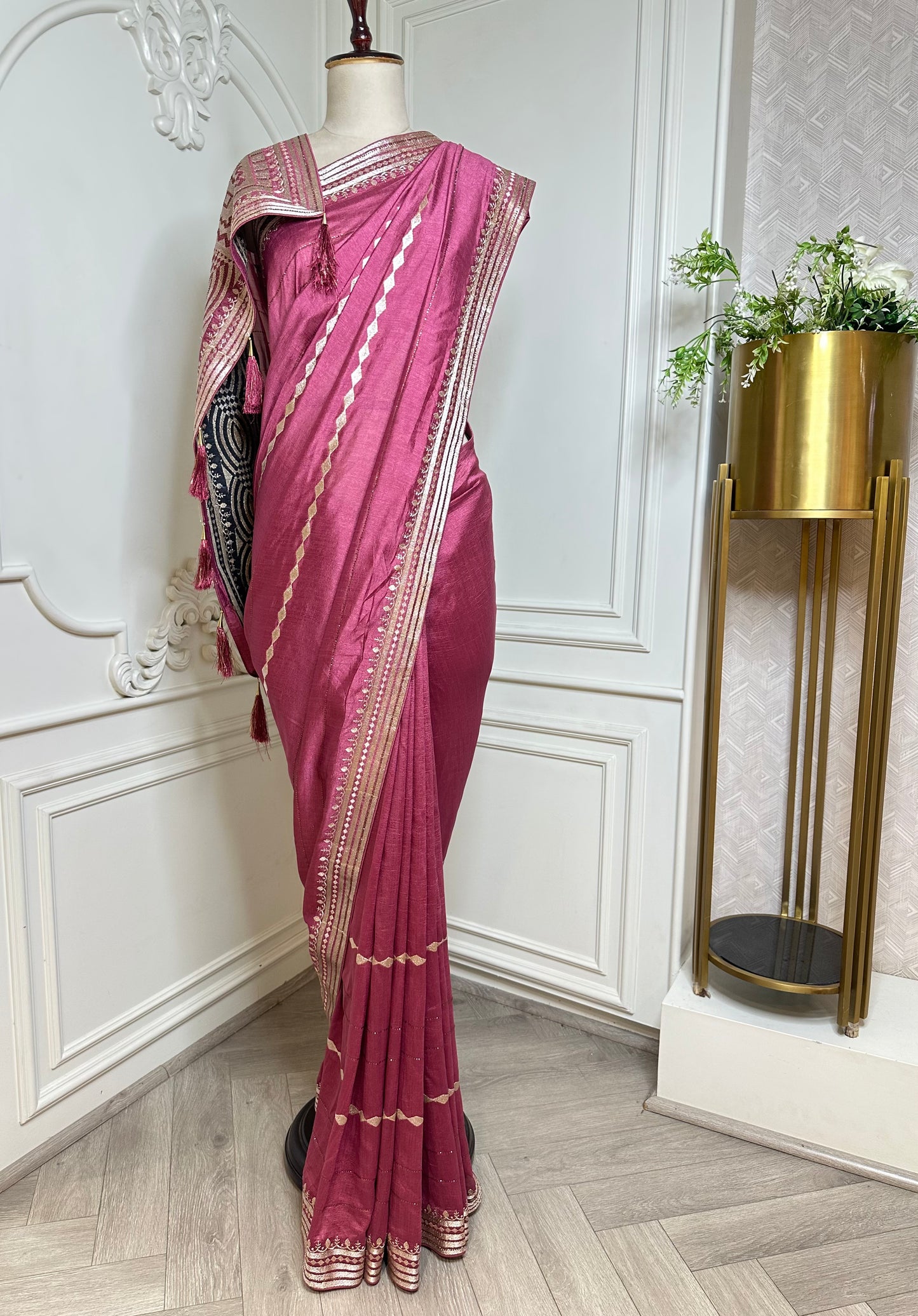 Olive Brown Designer Saree with Zari Embroidered Border & Tassels - additional view 1
