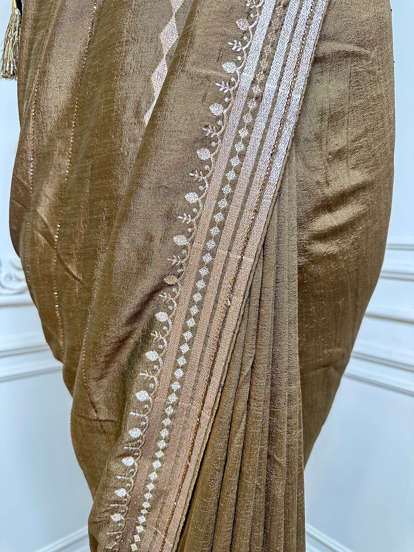Olive Brown Designer Saree with Zari Embroidered Border & Tassels