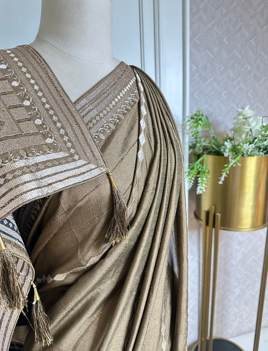 Olive Brown Designer Saree with Zari Embroidered Border & Tassels