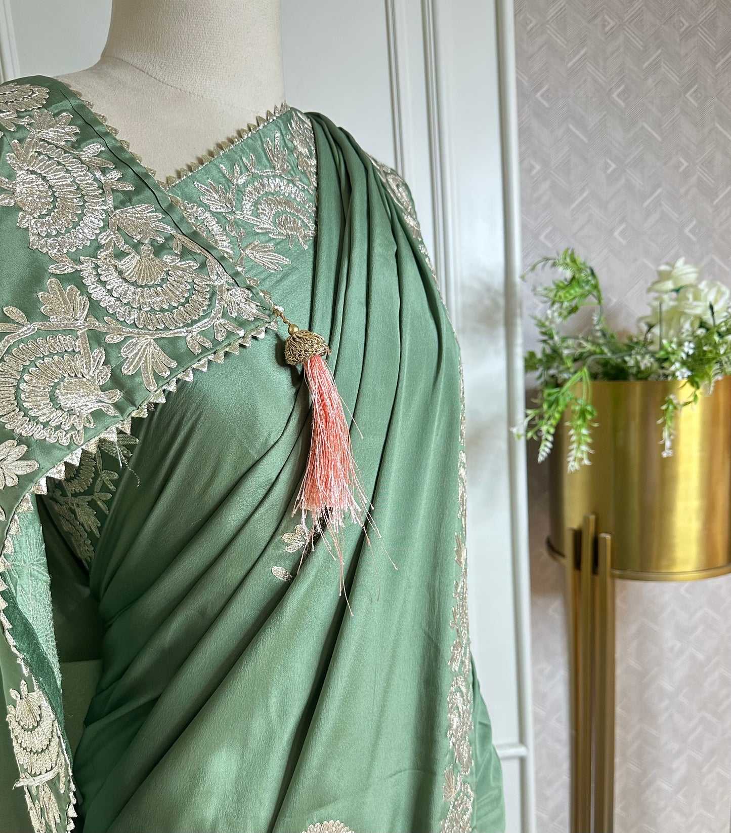 Sage Green Designer Saree with Ivory Thread Embroidered Border