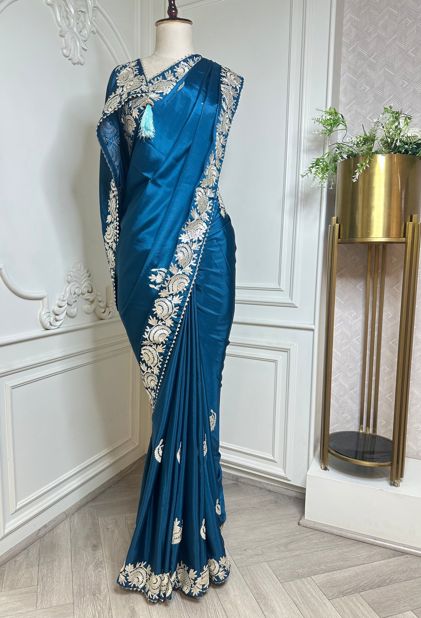 Rani Pink Designer Saree with Ivory Thread Border - side view