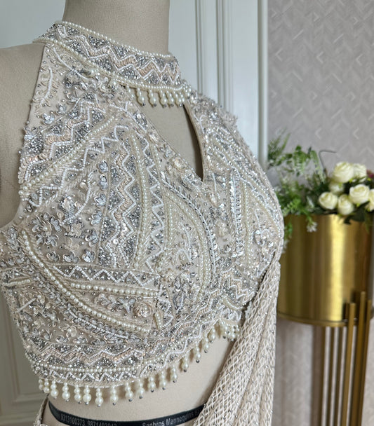 Ivory Designer Net Saree with Hand Embellished Blouse