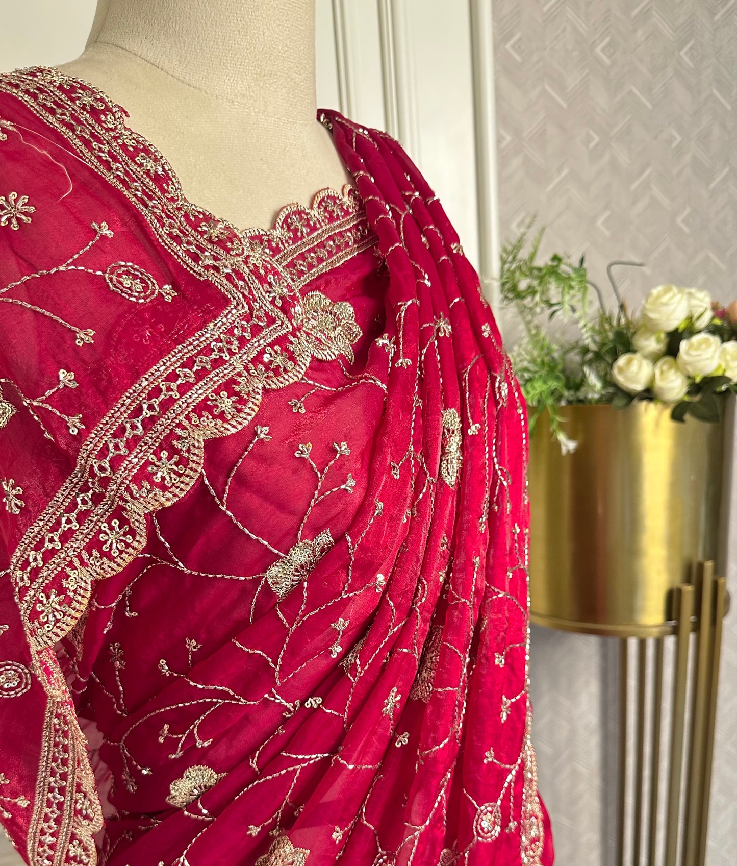 Rani Pink Embroidered Designer Saree