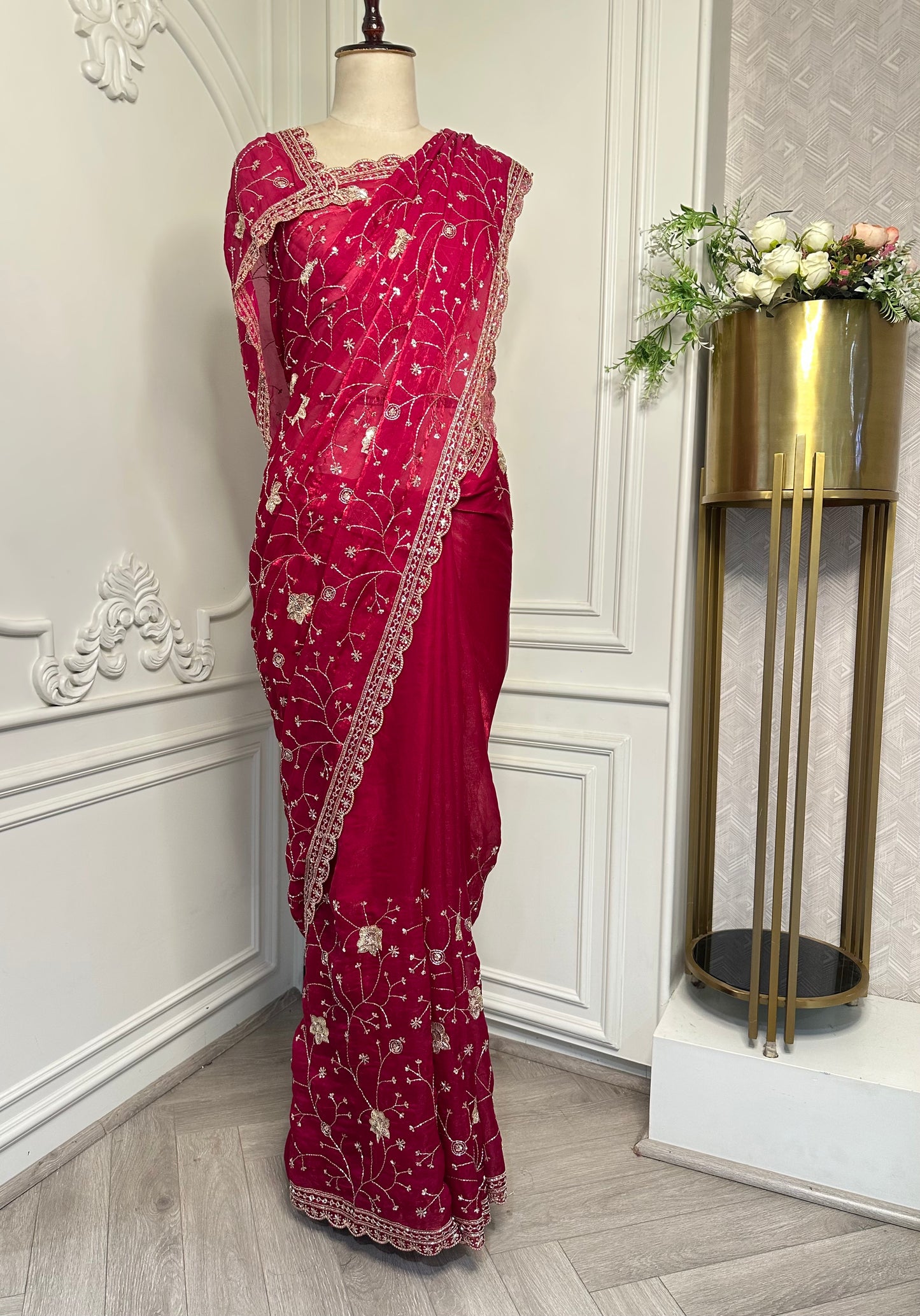 Wine Embroidered Designer Saree