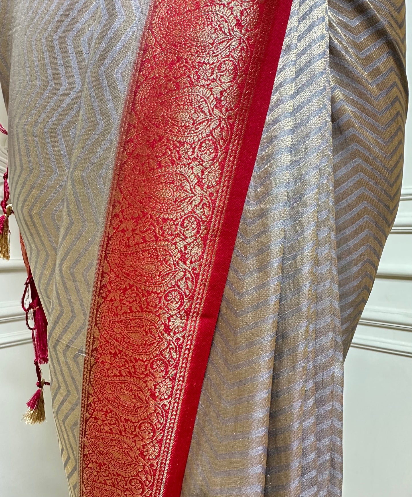 Silver Grey Banarasi Silk Saree with Coral Pink Zari Border