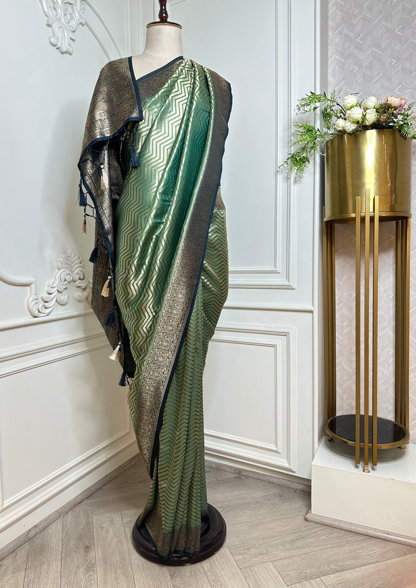 Peach Banarasi Silk Saree with Wine Zari Border - side view