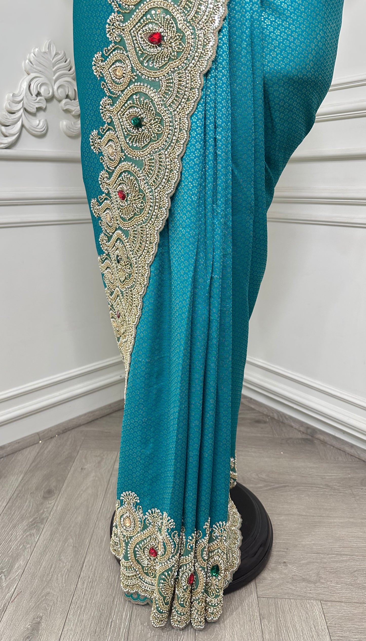 Turquoise Embroidered Designer Saree