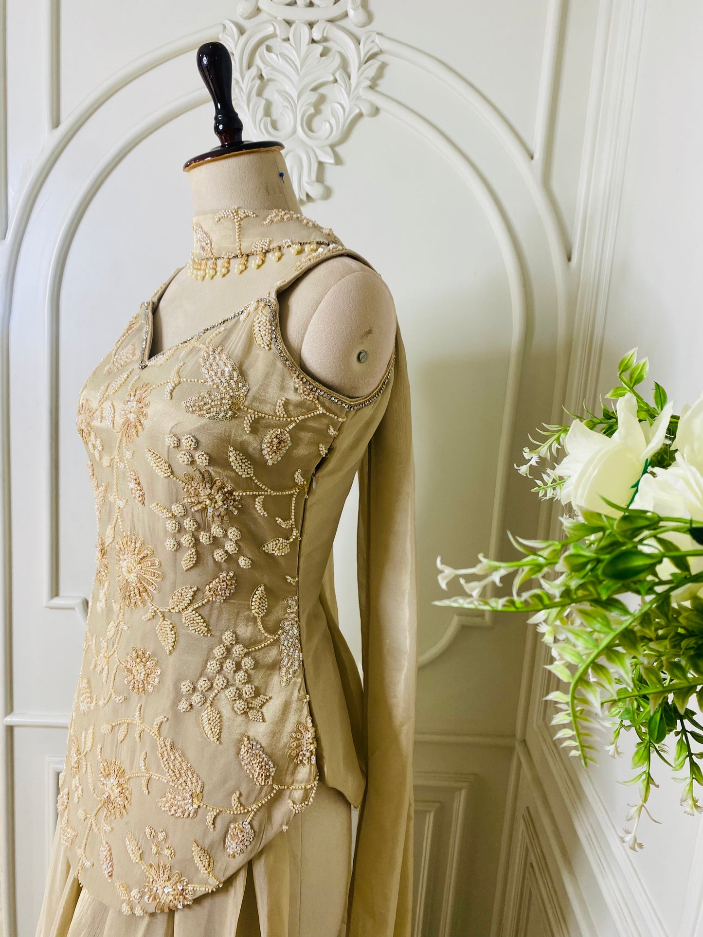 Champagne Embroidered Designer Gown with Floral Handwork