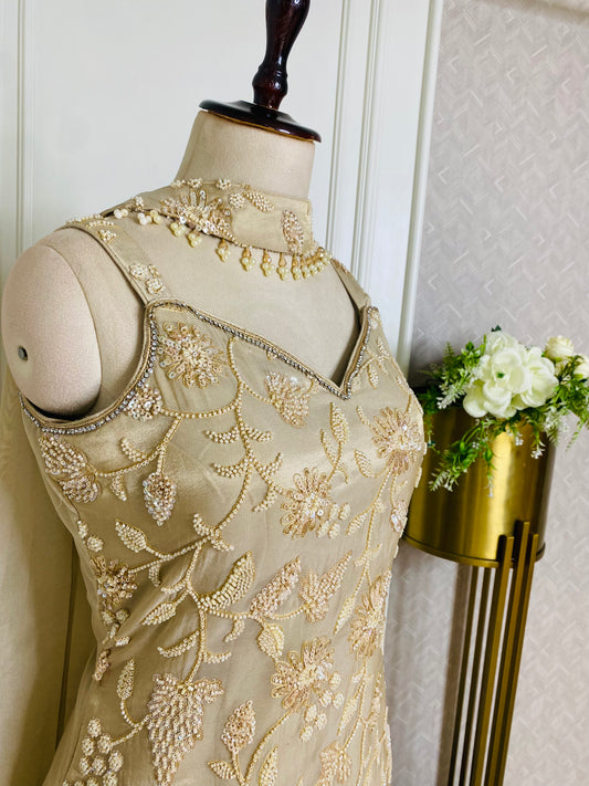 Champagne Embroidered Designer Gown with Floral Handwork