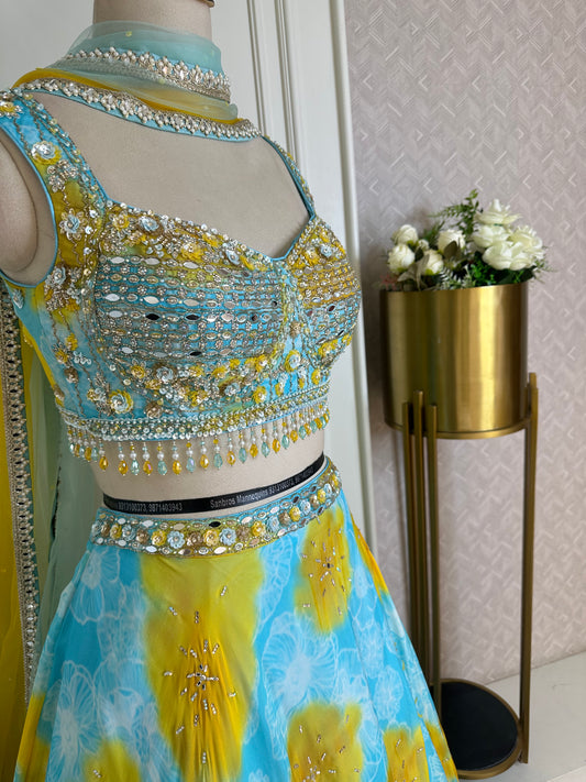 Pastel Blue & Yellow Embroidered Lehenga Set